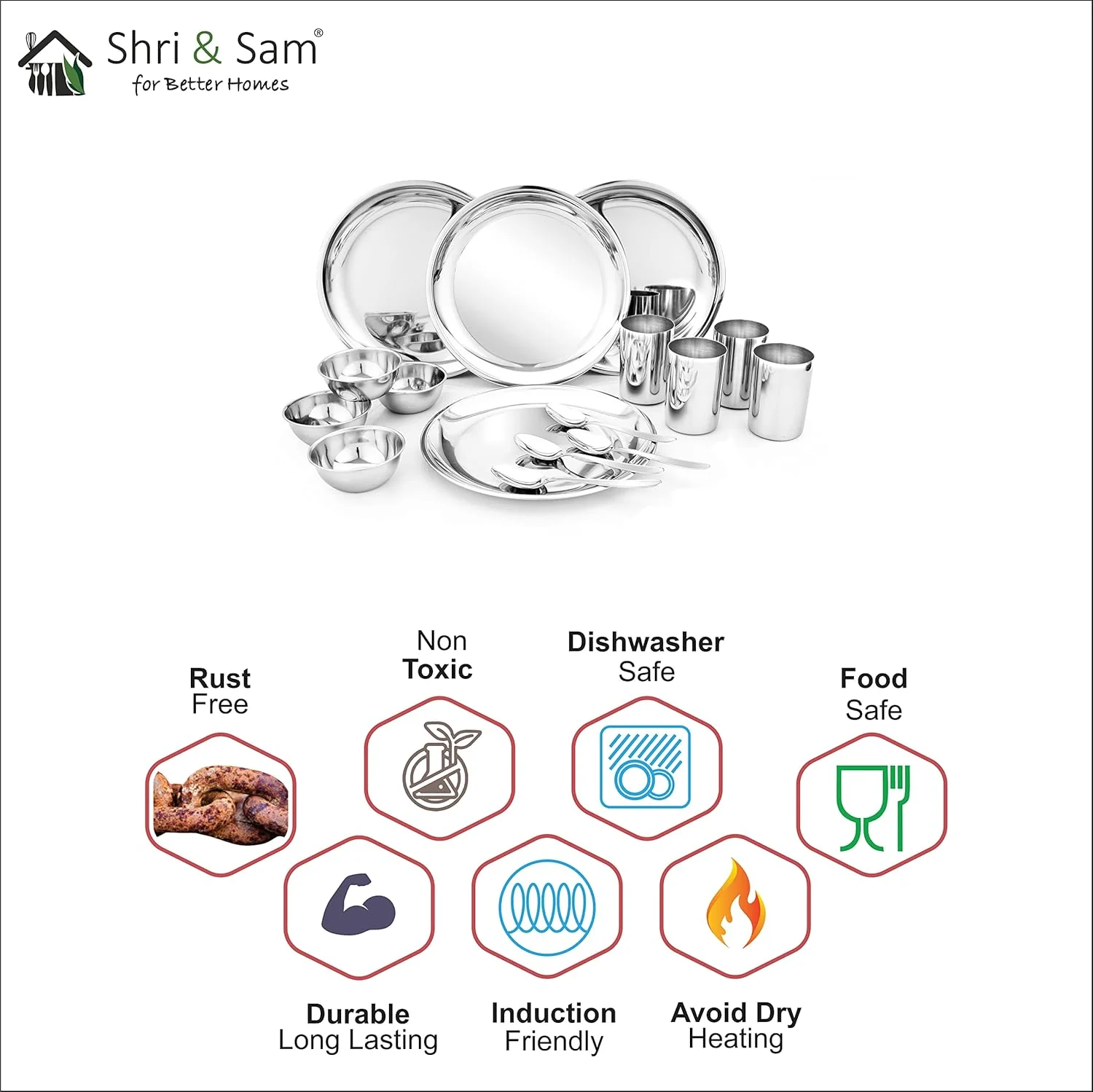 Stainless Steel Delight Solid Dinner Set Of 16 Pieces, Silver | 4 Dinner Plates+ 4 Glasses+ 4 Bowls+ 4 Dessert Spoons - Easy To Clean & Dishwasher-Safe - Image 6