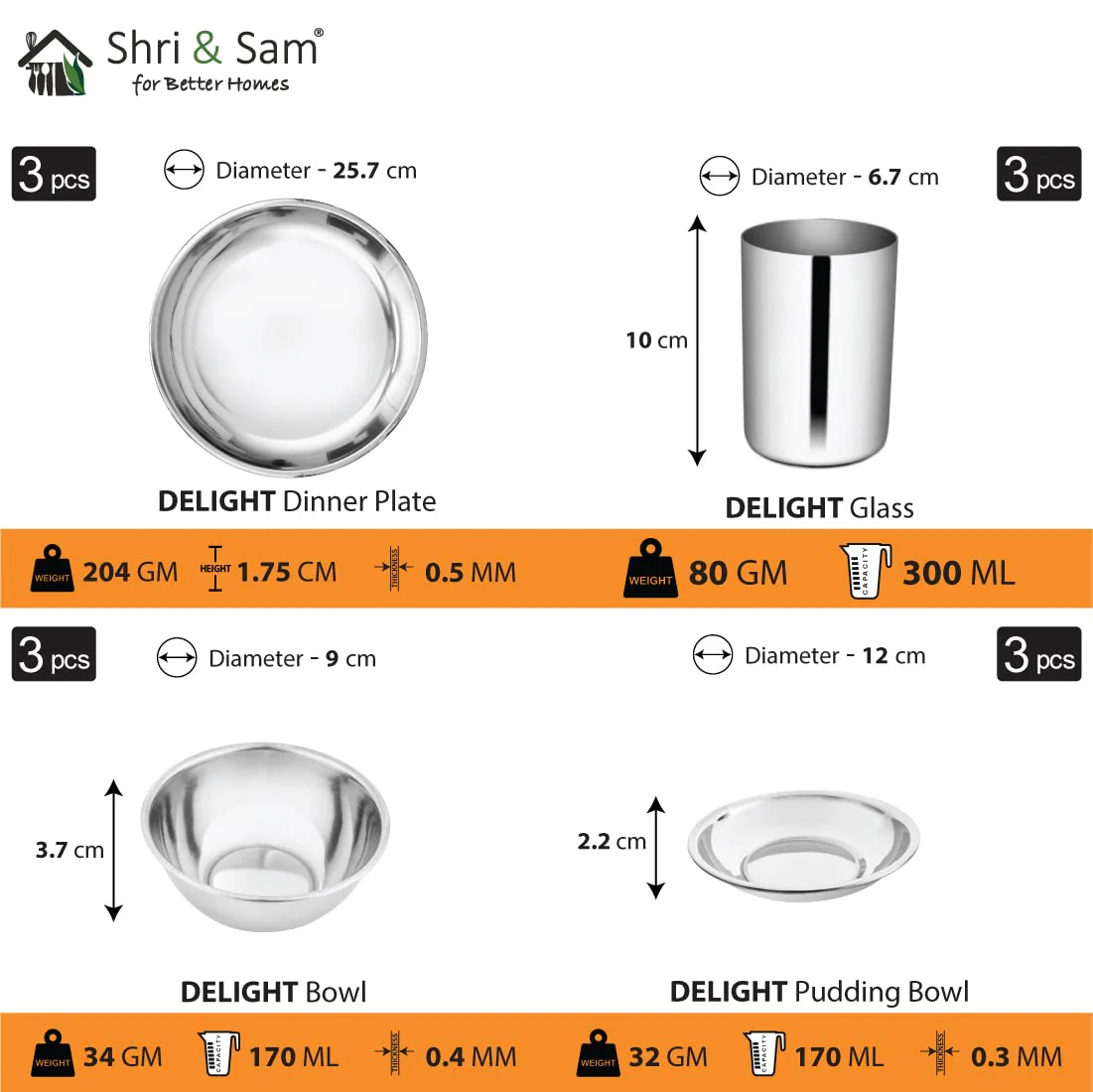 Stainless Steel Delight Solid Dinner Set Of 18 Pieces, Silver | 3 Dinner Plates+ 3 Glasses+ 3 Bowls+ 3 Pudding Bowls+ 3 Dessert Spoons+ 3 Dessert Forks - Easy To Clean & Dishwasher-Safe - Image 3