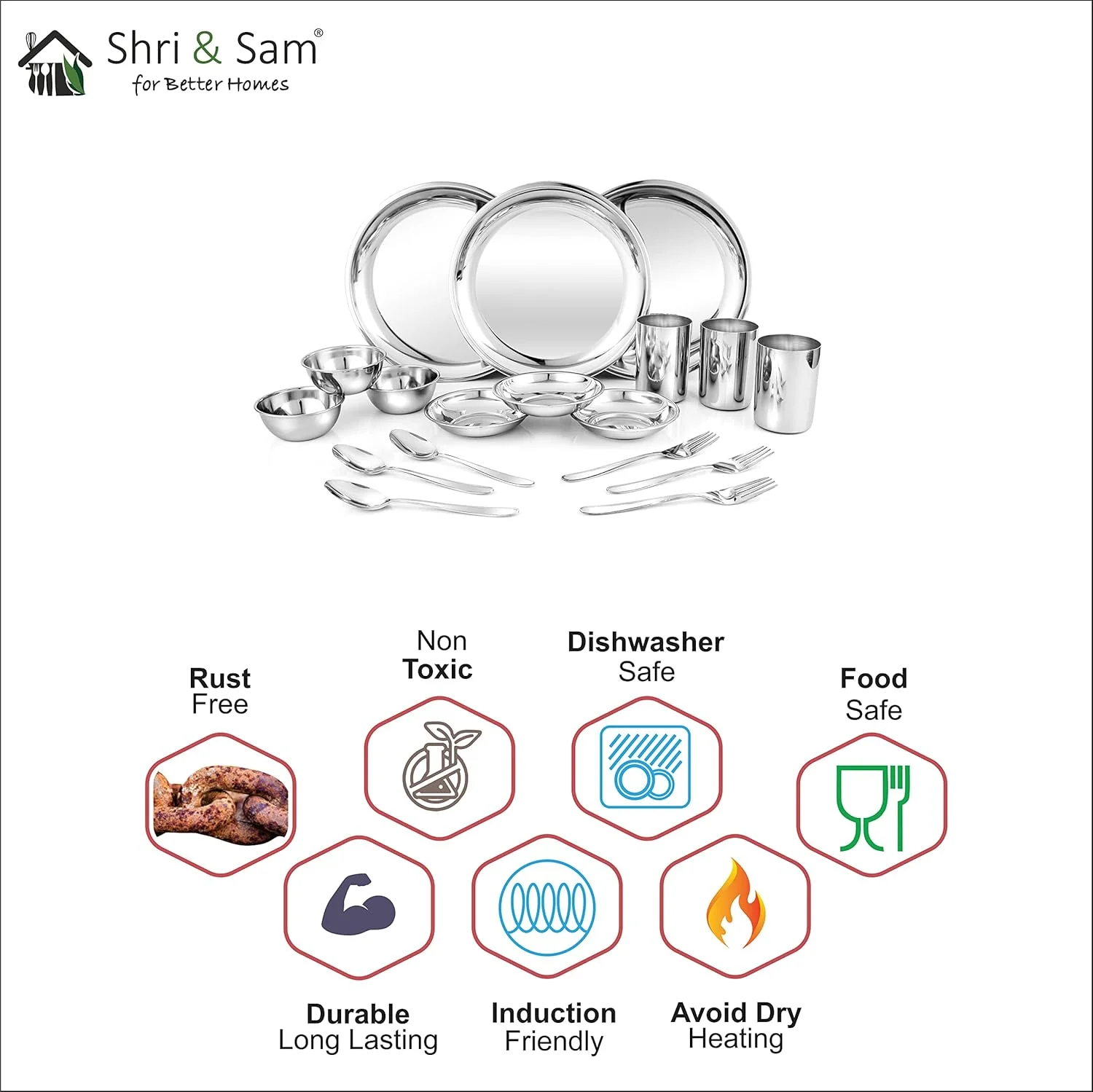 Stainless Steel Delight Solid Dinner Set Of 18 Pieces, Silver | 3 Dinner Plates+ 3 Glasses+ 3 Bowls+ 3 Pudding Bowls+ 3 Dessert Spoons+ 3 Dessert Forks - Easy To Clean & Dishwasher-Safe - Image 5