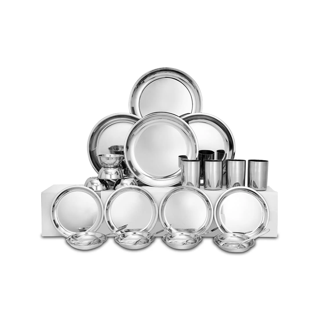 Stainless Steel Delight Solid Dinner Set Of 24 Pieces, Silver | 4 Dinner Plates+ 4 Side Plates+ 4 Glasses+ 4 Bowls+ 4 Pudding Bowls+ 4 Dessert Spoon