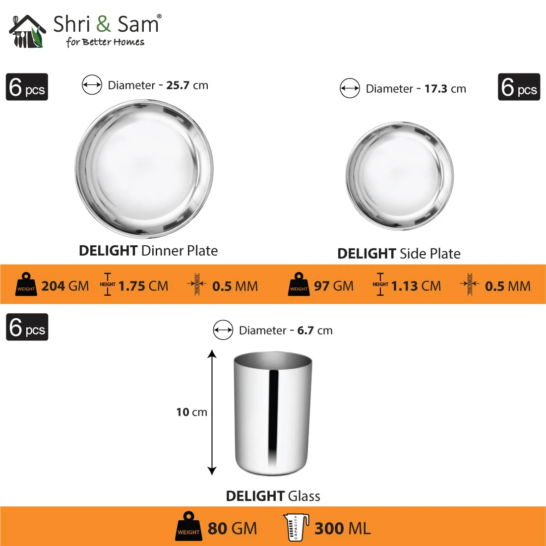 Stainless Steel Delight Solid Dinner Set Of 36 Pieces, Silver | 6 Dinner Plates+ 6 Side Plates+ 6 Glasses+ 6 Bowls+ 6 Dessert Spoons+ 6 Dessert Fork - Easy To Clean & Dishwasher Safe - Image 2