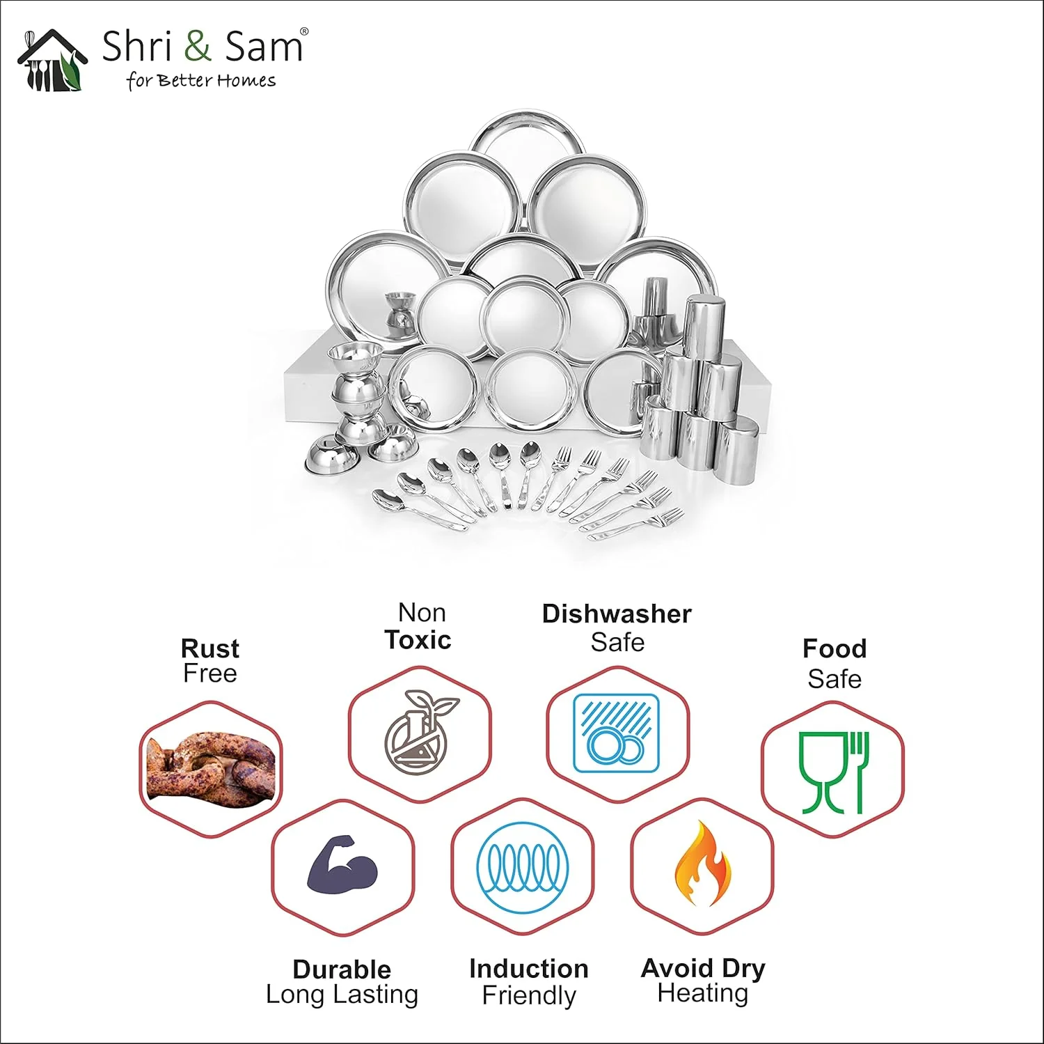 Stainless Steel Delight Solid Dinner Set Of 36 Pieces, Silver | 6 Dinner Plates+ 6 Side Plates+ 6 Glasses+ 6 Bowls+ 6 Dessert Spoons+ 6 Dessert Fork - Easy To Clean & Dishwasher Safe - Image 5