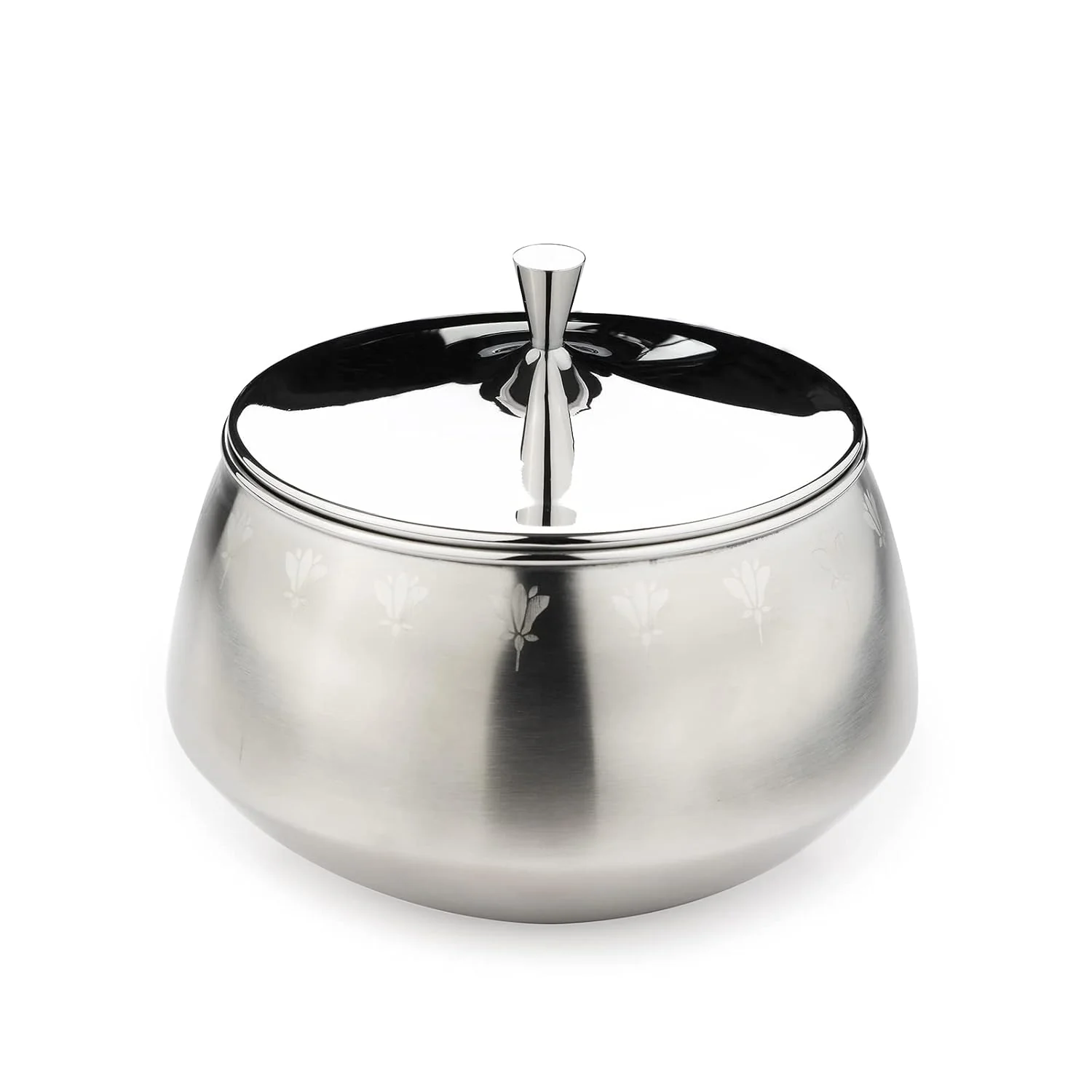 Stainless Steel Double-Walled Serving Bowl With Lid - Zenith Series | Floral Pattern Serving Pot - Small Dining Table Bowl | Curry, Rice, Sabzi Serving Bowl - Serve Ware, Dinnerware & Tableware
