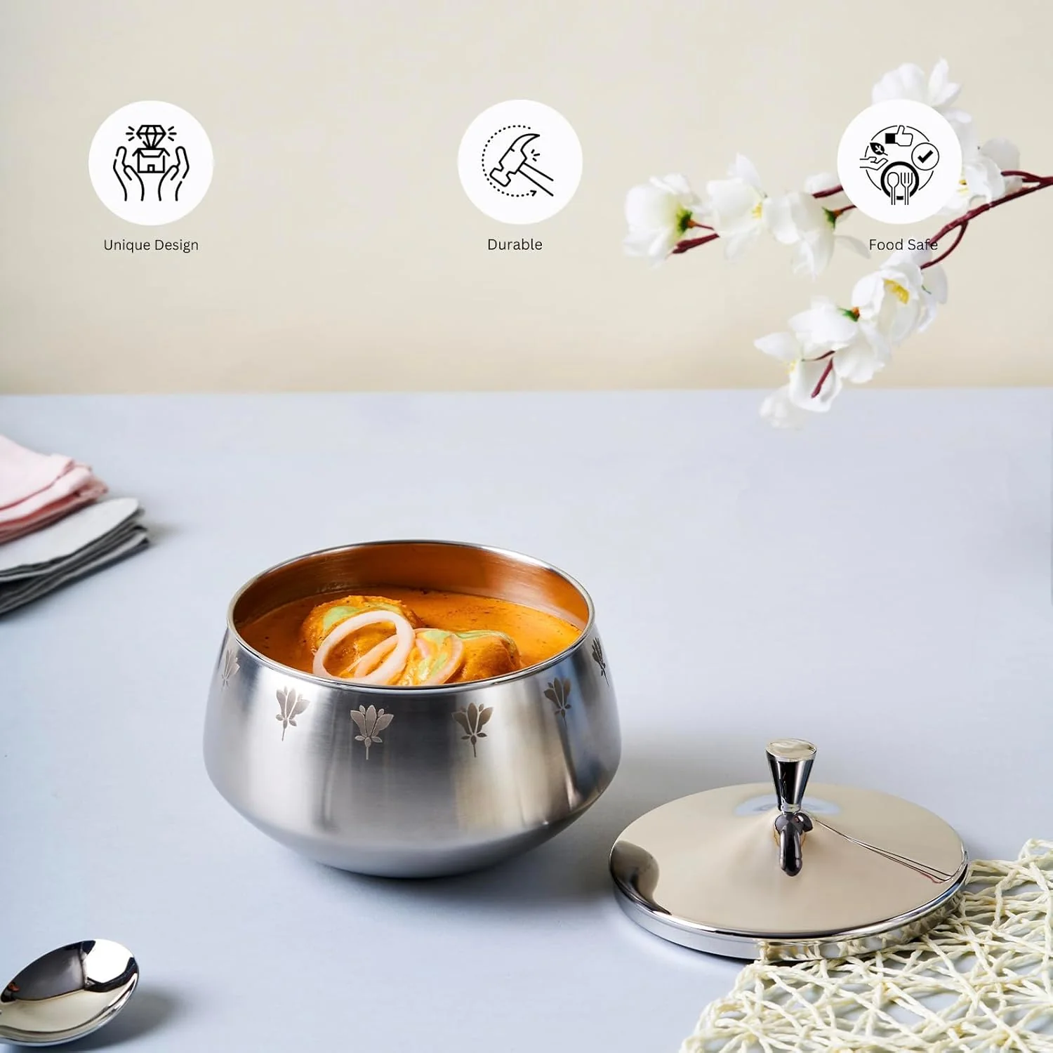 Stainless Steel Double-Walled Serving Bowl With Lid - Zenith Series | Floral Pattern Serving Pot - Small Dining Table Bowl | Curry, Rice, Sabzi Serving Bowl - Serve Ware, Dinnerware & Tableware - Image 4