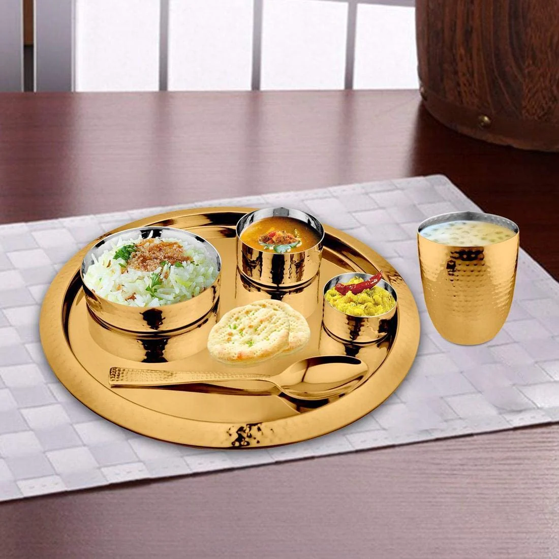Stainless Steel Hammered Thali Set 6 Pieces, Gold | 1 Dinner Plate+ 1 Glass+ 2 Bowls+ 1 Spoon+ 1 Rice Bowl - Image 4