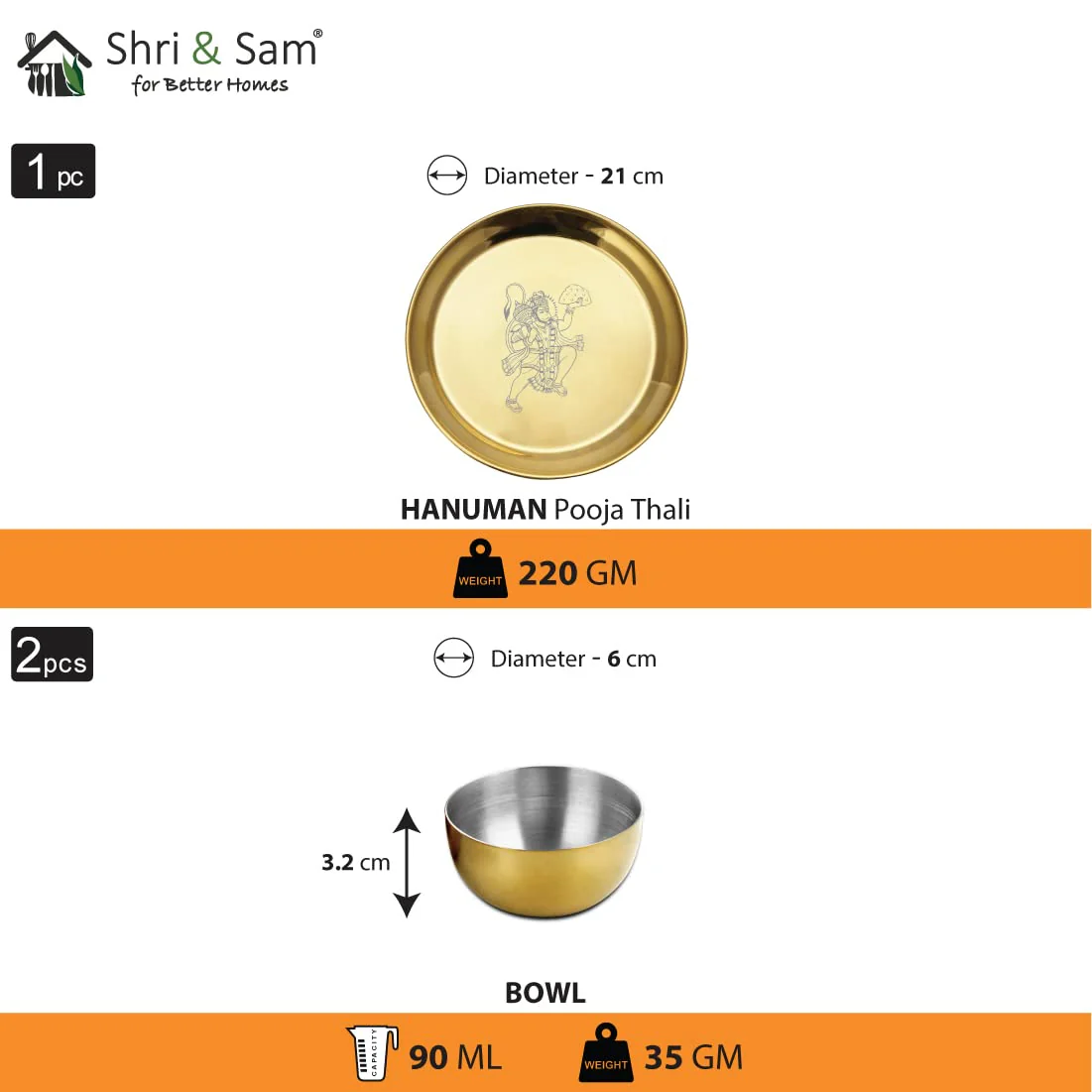 Stainless Steel Hanuman Ji Pooja Thali Set Of 3, Gold PVD Coating | 1 Pooja Thali+ 2 Katoris - Easy To Clean & Dishwasher Safe - Image 3