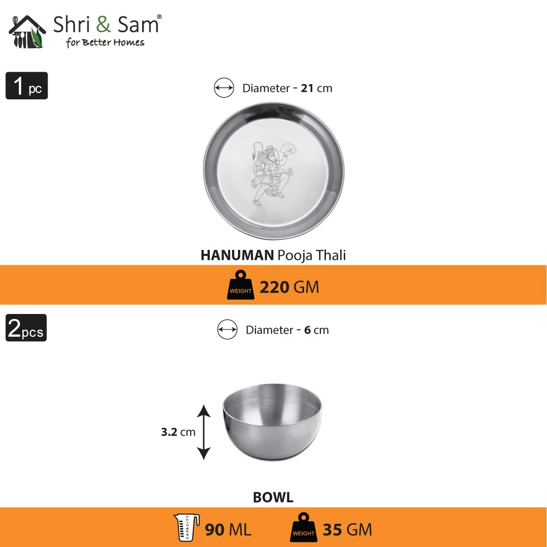 Stainless Steel Hanuman Ji Pooja Thali Set Of 3, Silver | 1 Pooja Thali+ 2 Katoris - Easy To Clean & Dishwasher Safe - Image 3