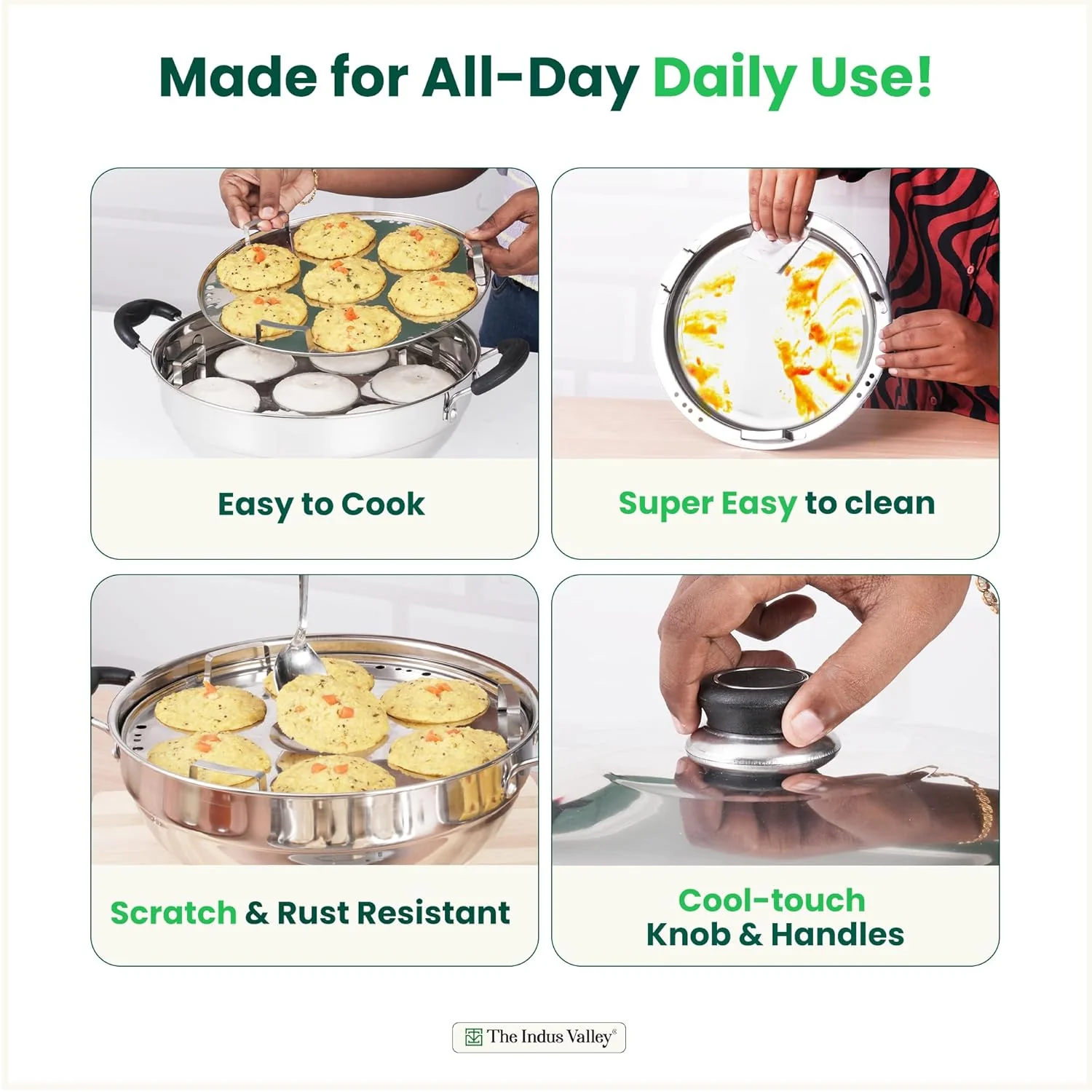 Stainless Steel Idli Maker, Dhokla Maker, Momo Maker - Multi Pot & Steaming Set | Large, 5 Plates, 29cm 11.3 Inch, 4.2 Liters, 1.5 Kg - Nonstick 3-Layer Bottom | Induction Friendly - Image 8