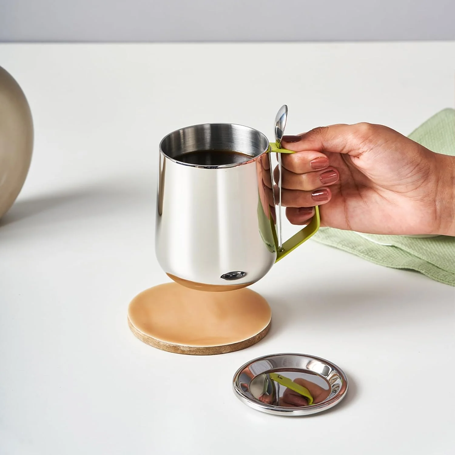 Stainless Steel Mug With Spoon & Lid - Bliss Series, Chrome & Yellow | Morning Drinking Cup - Ideal For Hot & Cold Drinks | Serve Ware & Tableware - Dishwasher Safe - Image 5
