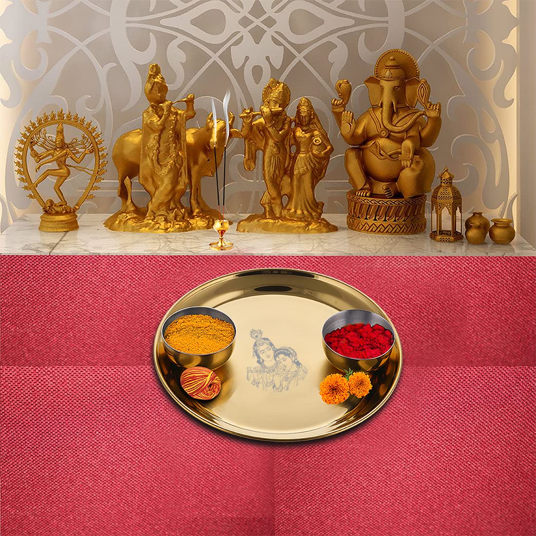 Stainless Steel Radha Krishna Pooja Thali Set Of 3, Gold PVD Coating | 1 Pooja Thali+ 2 Katoris - Easy To Clean & Dishwasher Safe - Image 2