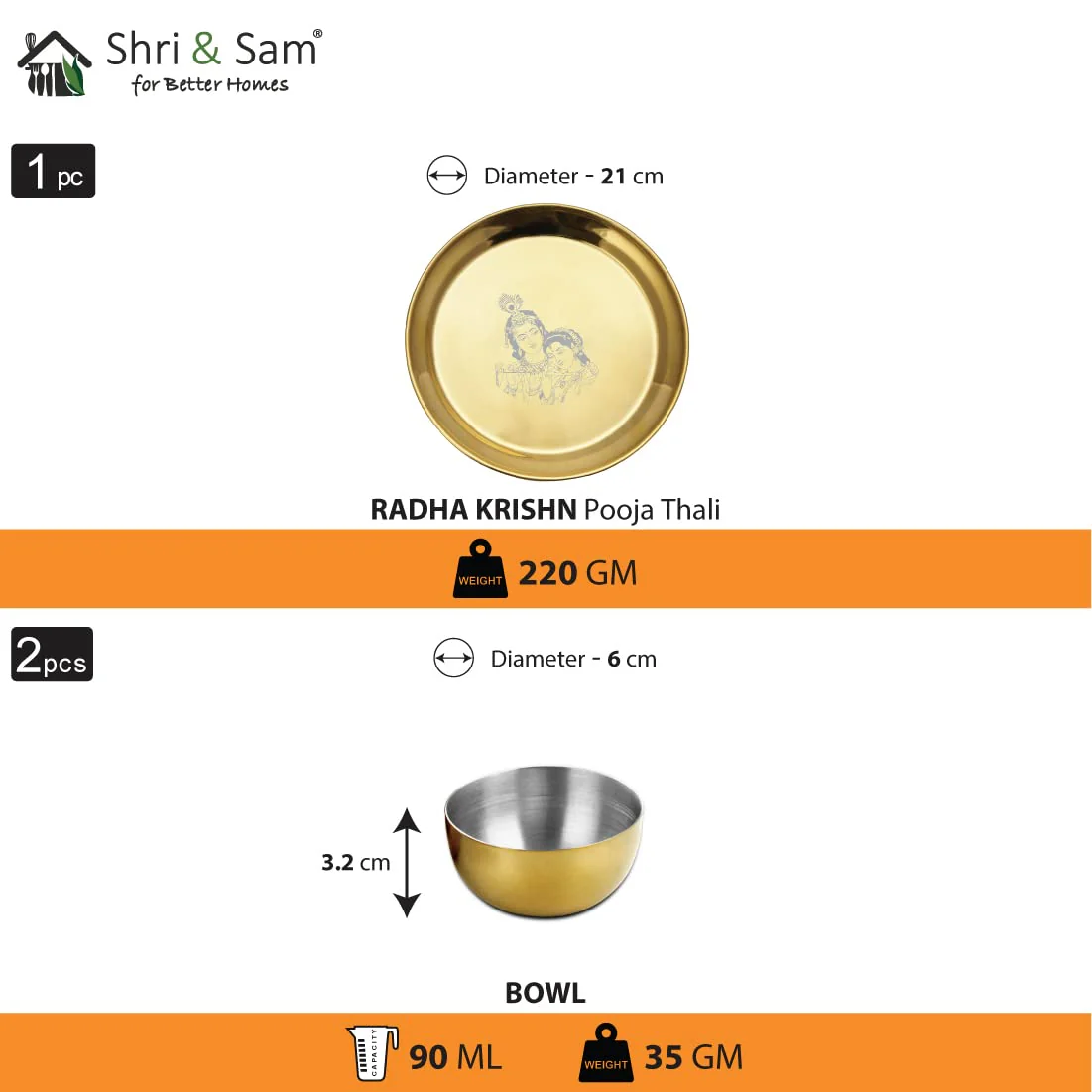 Stainless Steel Radha Krishna Pooja Thali Set Of 3, Gold PVD Coating | 1 Pooja Thali+ 2 Katoris - Easy To Clean & Dishwasher Safe - Image 3