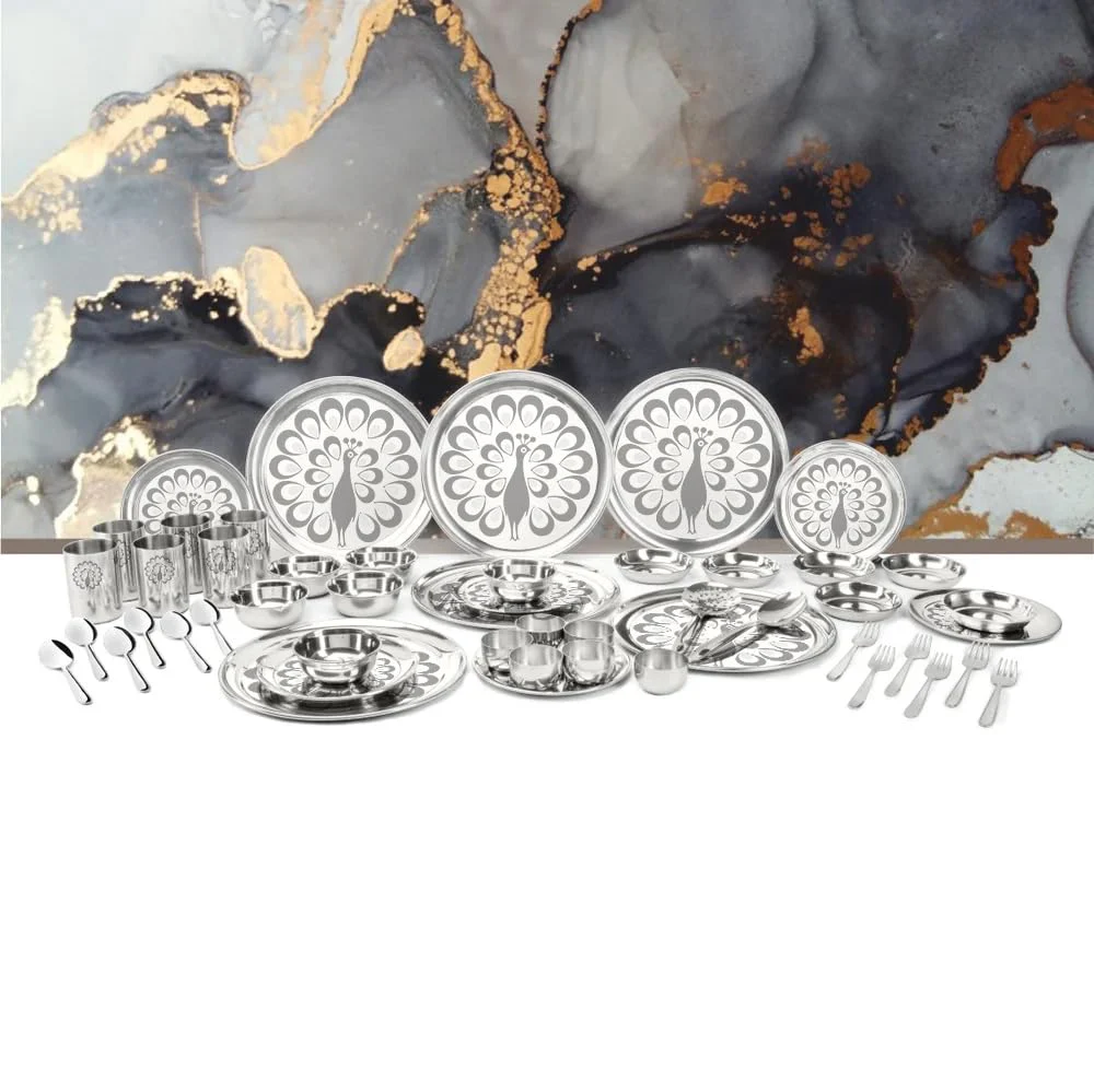 Stainless Steel Shagun Dinner Set Of 50 Pcs, Peacock Set | Eay To Wash & Dishwasher Safe - Image 2