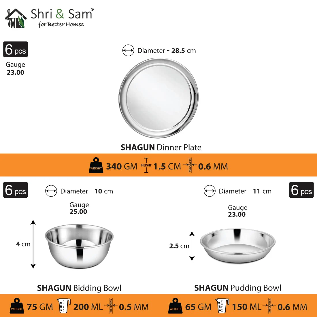 Stainless Steel Shagun Solid Dinner Set Of 36 Pcs, Silver | 6 Dinner Plates+ 6 Bidding Bowls+ 6 Pudding Bowls+ 6 Glasses+ 6 Dinner Spoons+ 6 Dinner Forks - Dishwasher Safe - Image 3