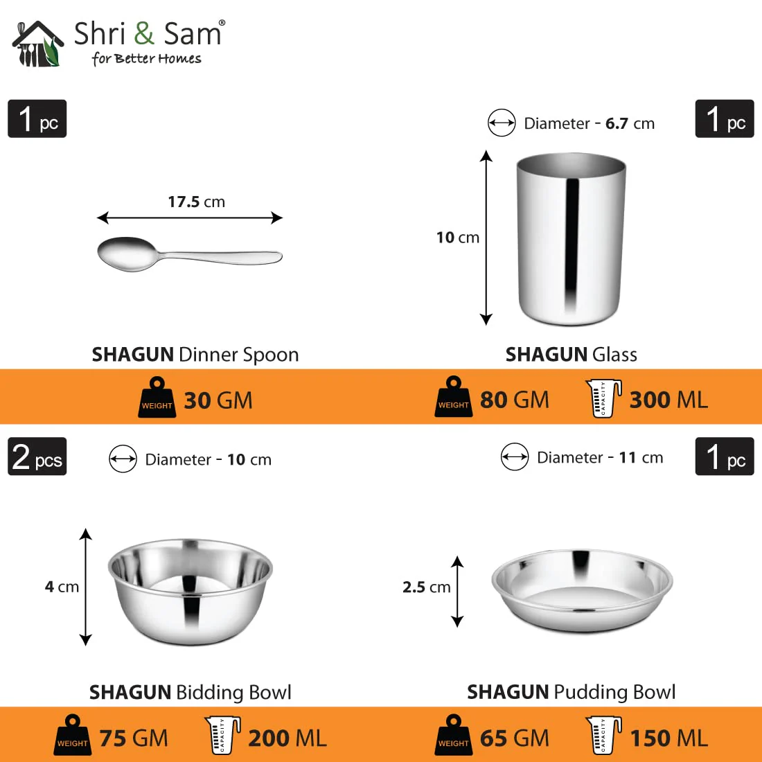 Stainless Steel Shagun Solid Dinner Set Of 6 Pcs, Silver | 1 Dinner Plate+ 1 Dinner Spoon+ 1 Glass+ 1 Bidding Bowl+ 1 Pudding Bowl+ 1 Halwa Plate - Image 5