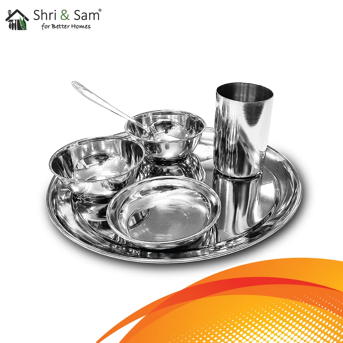 Stainless Steel Shagun Solid Dinner Set Of 6 Pcs, Silver | 1 Dinner Plate+ 1 Dinner Spoon+ 1 Glass+ 1 Bidding Bowl+ 1 Pudding Bowl+ 1 Halwa Plate - Image 6