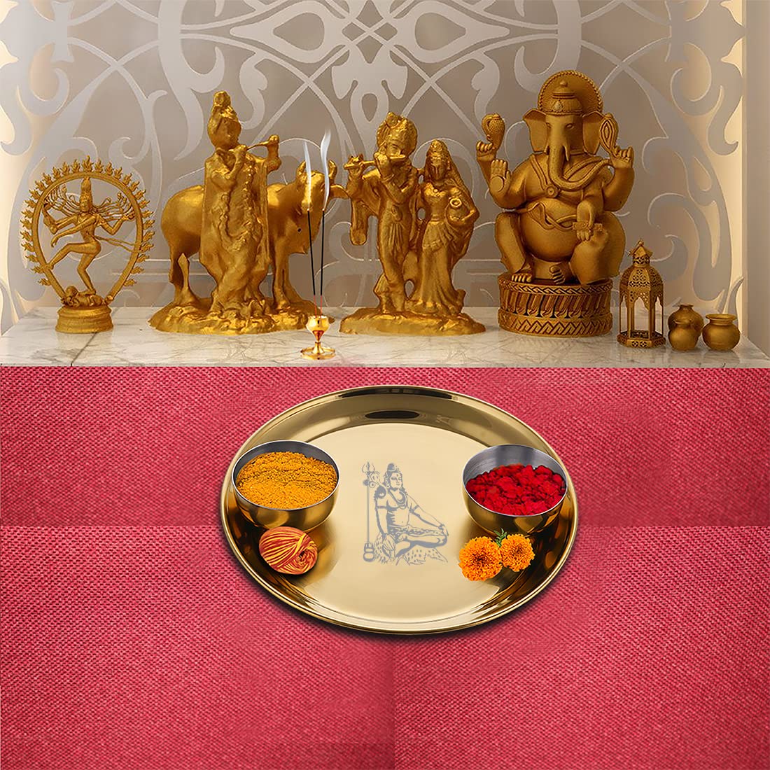 Stainless Steel Shiv Ji Pooja Thali Set Of 3, Gold PVD Coating | 1 Pooja Thali+ 2 Katoris - Easy To Clean & Dishwasher Safe - Image 2