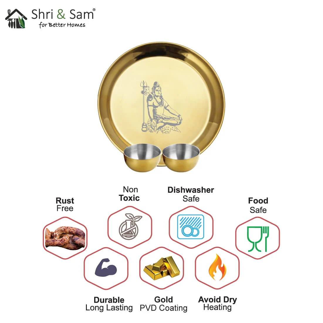 Stainless Steel Shiv Ji Pooja Thali Set Of 3, Gold PVD Coating | 1 Pooja Thali+ 2 Katoris - Easy To Clean & Dishwasher Safe - Image 4