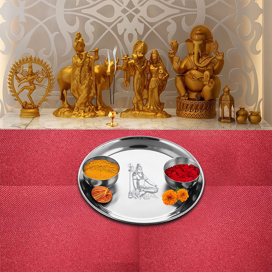 Stainless Steel Shiv Ji Pooja Thali Set Of 3, Silver | 1 Pooja Thali+ 2 Katoris - Easy To Clean & Dishwasher Safe - Image 3