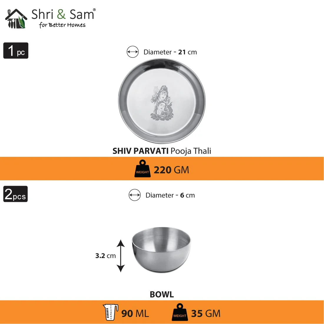 Stainless Steel Shiv Parvati Ji Pooja Thali Set Of 3, Silver | 1 Pooja Thali+ 2 Katoris - Easy To Clean & Dishwasher Safe - Image 2