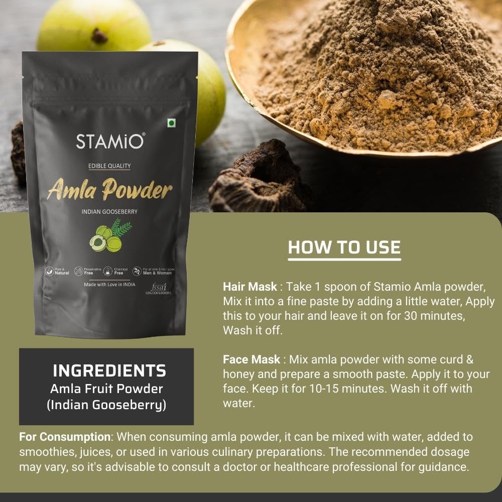 Stamio Amla Powder Pure Seedless Indian Gooseberry Sun Dried Phyllanthus Emblica Fruit | 250gm 0.5lbs - Image 3