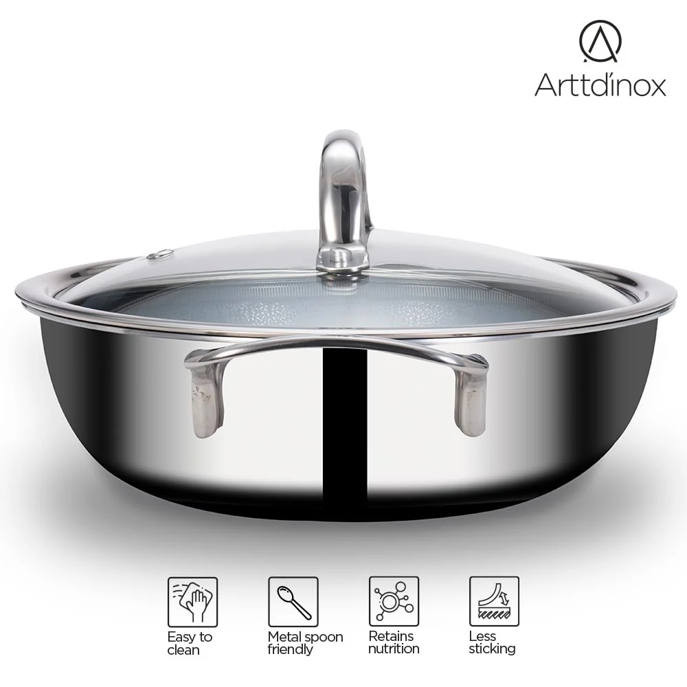 Stellar Stainless Steel Triply Kadhai With Lid - 24 Cm, 2.7 Liters | Etched Nonstick PTFE Kadai - Rivet Less Double Handles | Gas & Induction Base - Image 4