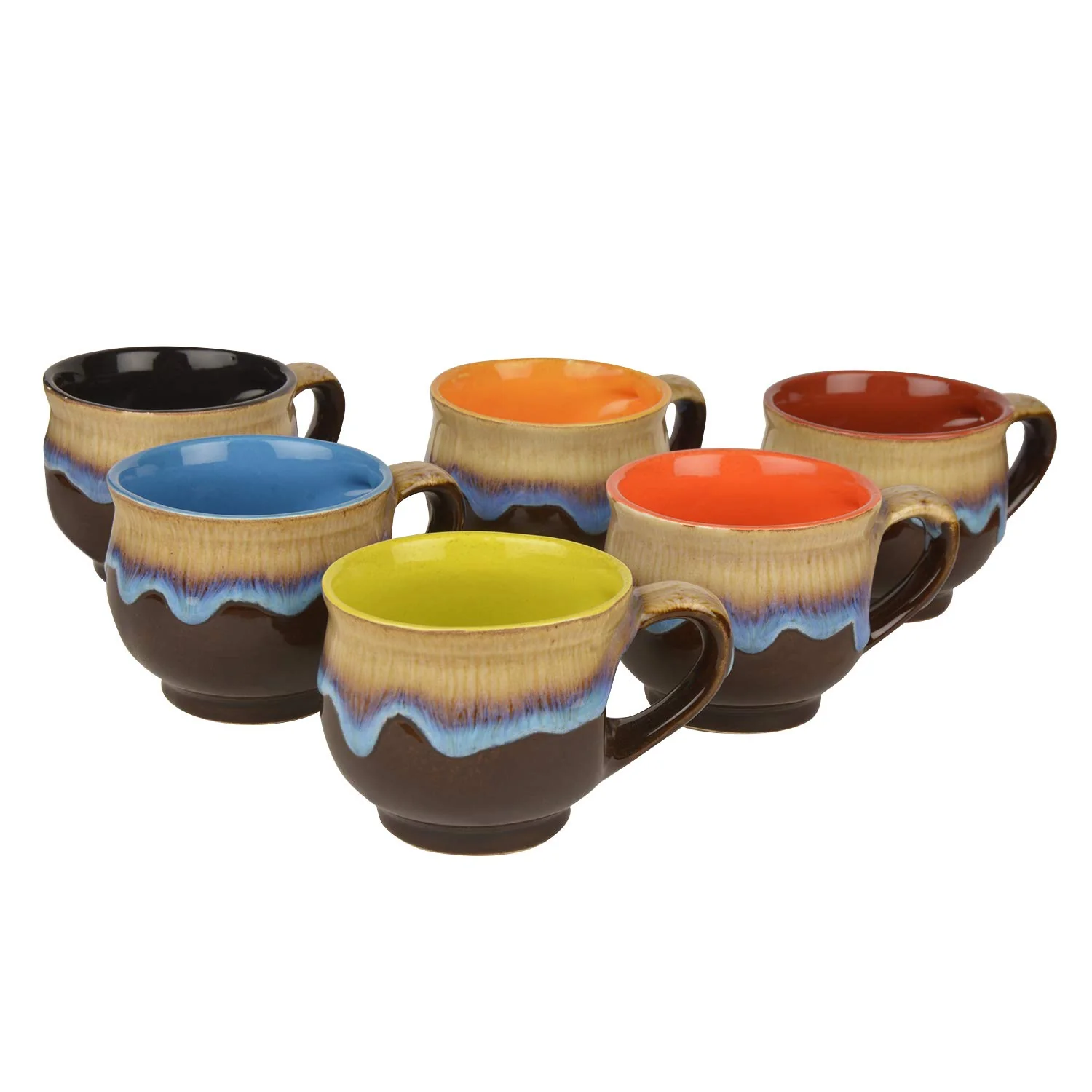 Studio Pottery Ceramic Flow Design Glazed Tea Cups Set Of 6 - Brown & Multicolor, 100ml Each | Chai Cups - Coffee Mug Set - Tea Cup Set - Image 3