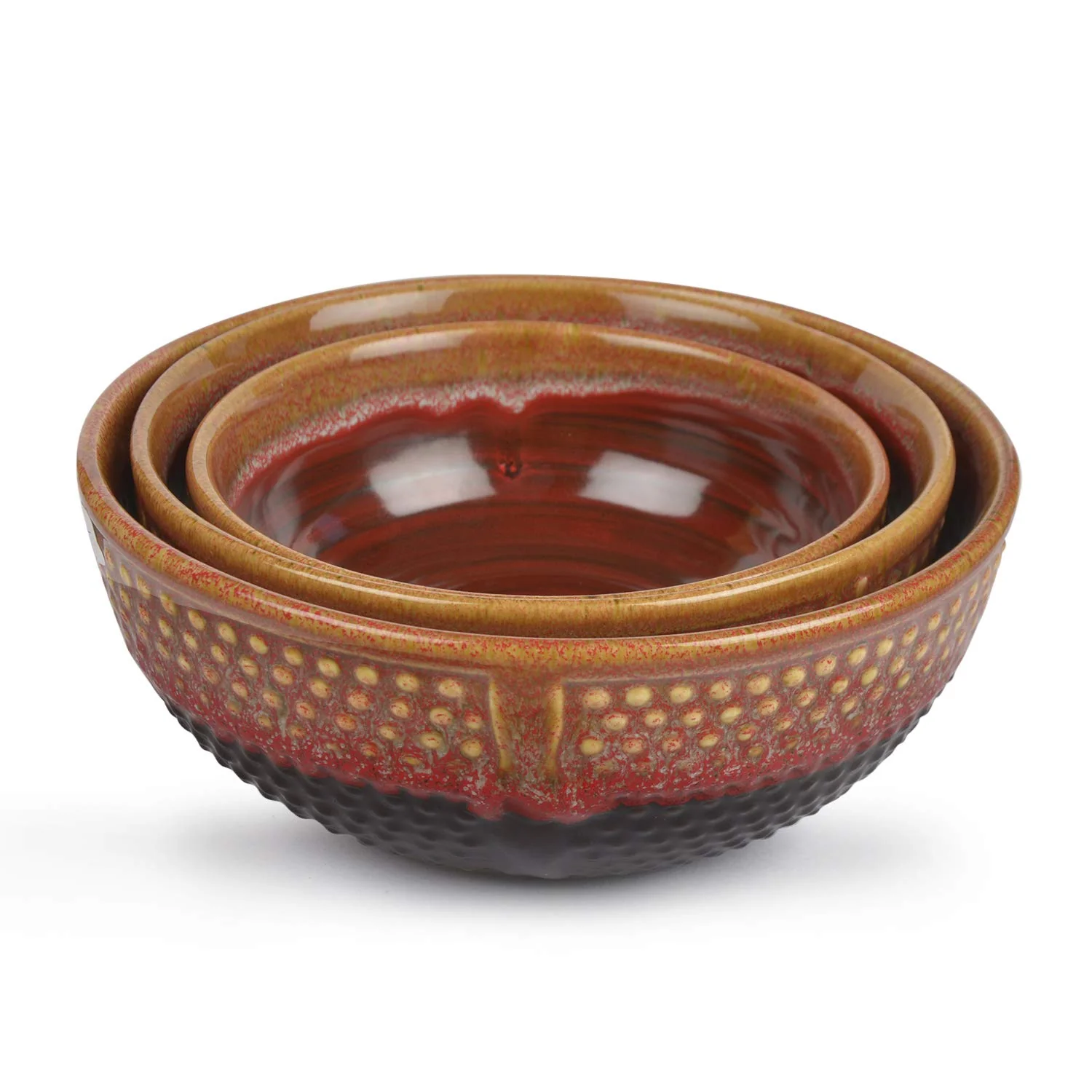 Studio Pottery Ceramic Serving Bowls Set Of 3 - 1700ml+900ml+400ml, Crimson Red & Black | Dinner Serving Set - Stackable Kitchen Set - Image 3