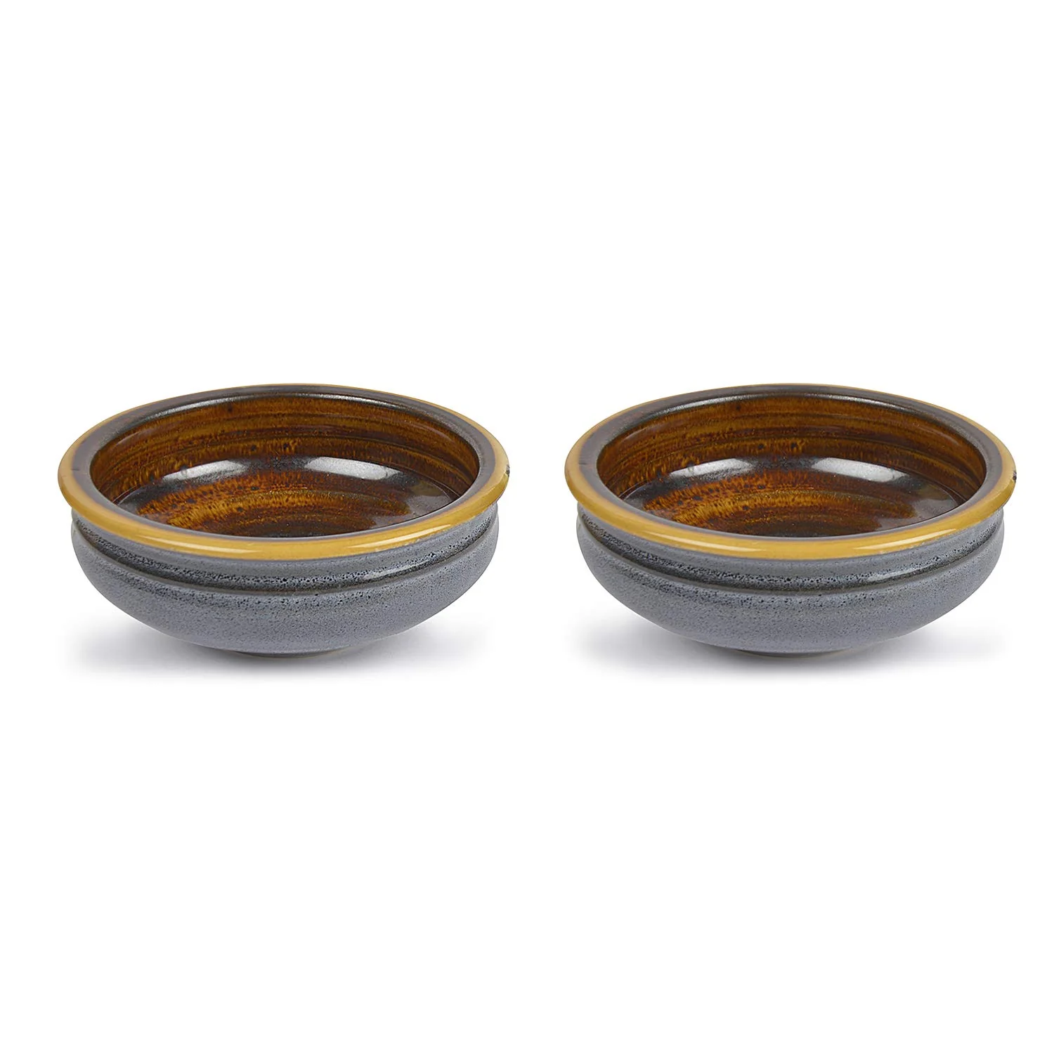 Studio Pottery Ceramic Snack Serving Bowls Set Of 2 - 400ml Each, Greyish Blue & Brown | Decorative Bowls For Kitchen - Image 2