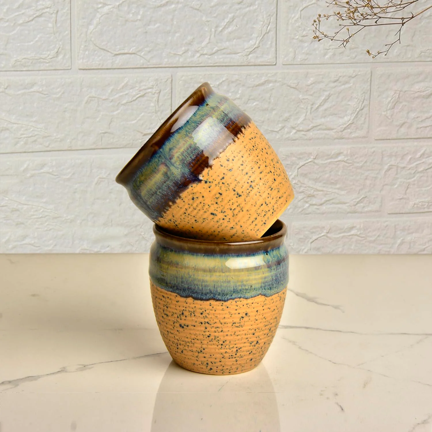 Studio Pottery Glazed Dual Tone Ceramic Tea Kulhads Set Of 6 - 175ml Each, Terracotta Brown & Off White | Tea Glasses - Cutting Chai Glasses | Kulhad Tea Cups - Image 5