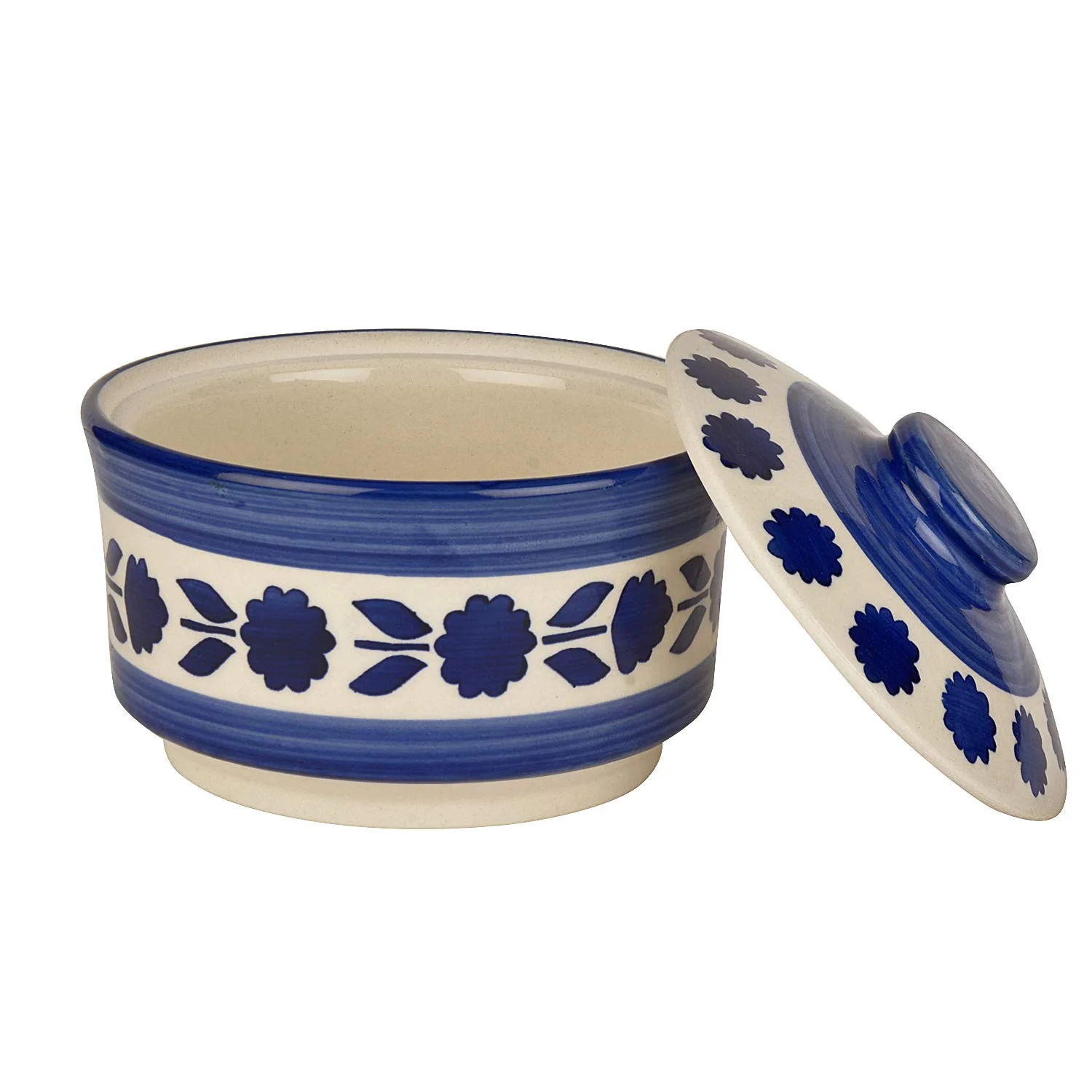 Studio Pottery Hand Painted Ceramic Serving Donga With Lid Casserole Set Of 3 - 900ml, 500ml & 300ml, White & Blue | Dinner Serving Set - Stackable Kitchen Bowl Set - Image 6