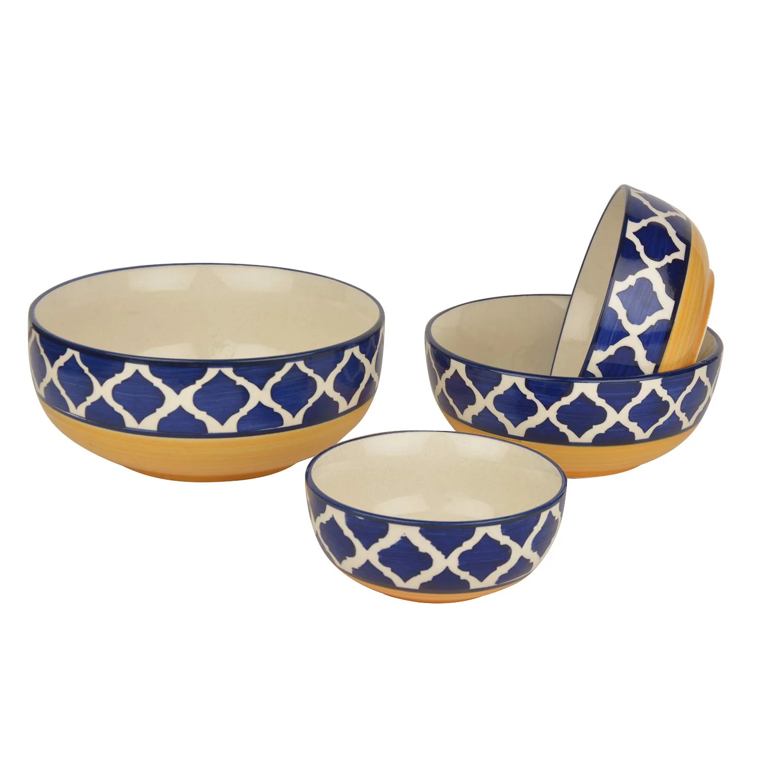 Studio Pottery Hand Painted Dinner Serving Bowl Set Of 4 - 1200ml, 650ml, 450ml & 250ml, Blue & Yellow | Dinner Serving Donga Set - Stackable Kitchen Bowl Set - Image 2