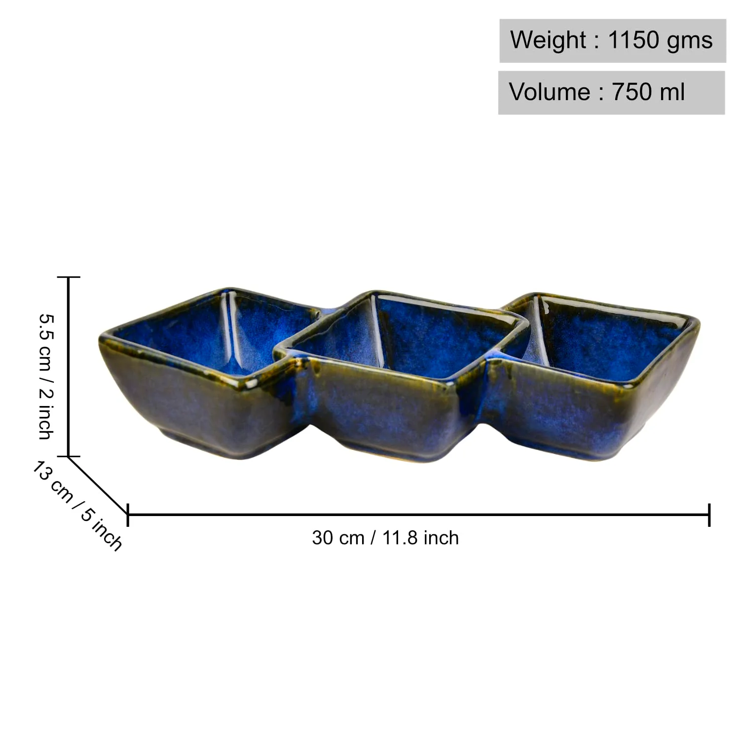 Studio Pottery Three Section Ceramic Serving Bowl | Blue, Length – 30 Cm, Height – 5.5 Cm, 750ml | Snack Bowl, Nut Bowls - Section Platter - Image 4