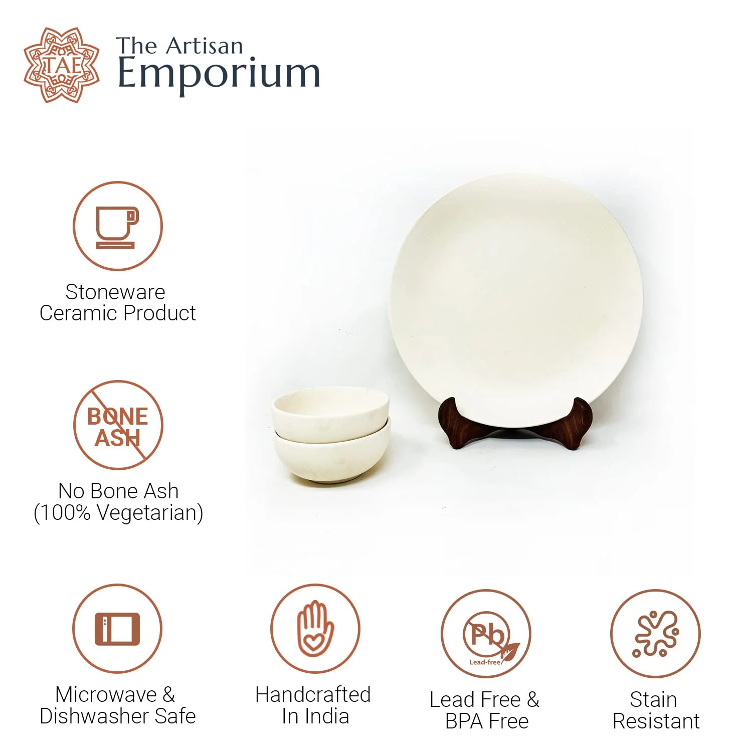 Subhra Handcrafted Ceramic Dinner Set - 10 Pieces | 4 Dinner Plates + 4 Katori Bowls, 180ml Each+ 2 Serving Bowls, 800ml Each | Matte Finish White Dinnerware Set | Serving For 4, Microwave Safe - Image 6