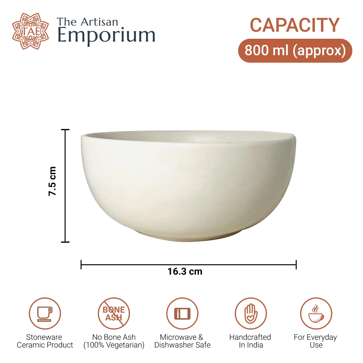 Subhra White Ceramic Serving Bowl Set Of 2 Pieces - 800ml Each | Handcrafted White Matte Finish Large Dining Serving Bowls For Serving | Microwave Safe & Dishwasher Safe - Image 5