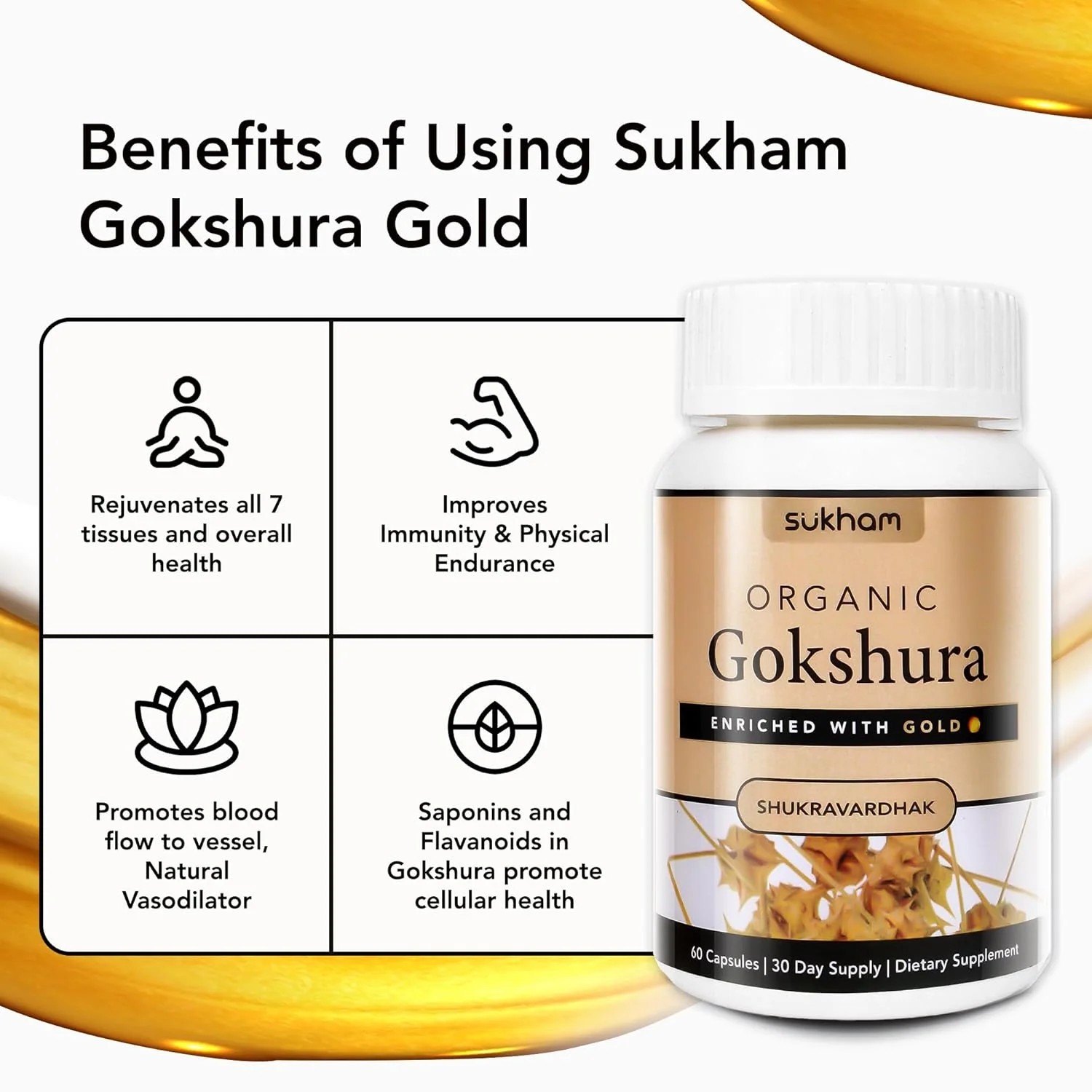 Sukham Ayurvedic Gokshura Capsules Tribulus Terrestris, Highly Concentrated Flavonoids & Saponins Improves Muscle Mass, For Men | 60 Capsules 100gm 0.2 Each Pack Of 2 - Image 3