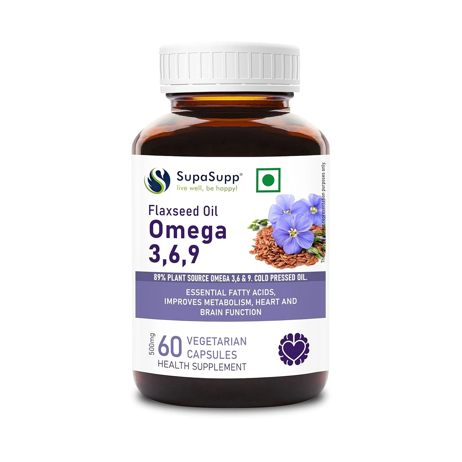 Supasupp Flaxseed Oil Omega 3,6,9 Essential Fatty Acids, Improves Metabolism, Heart & Brain Function 500mg | 60 Veg Capsules 100gm 0.2lbs - Image 2