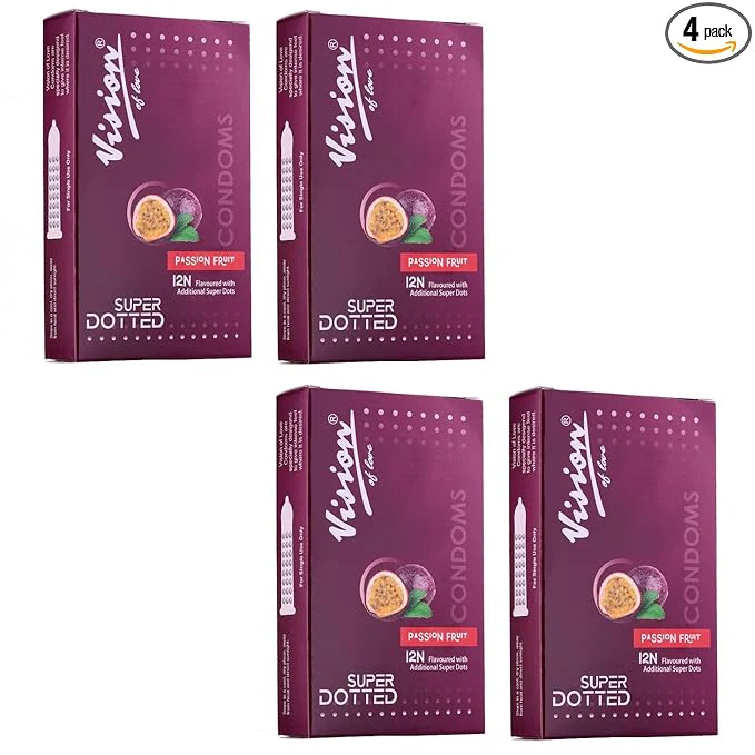 Super Dotted Real Feel Condoms For Men | Lubricated | Passion Fruit Condoms - 12 (Pack Of 4)