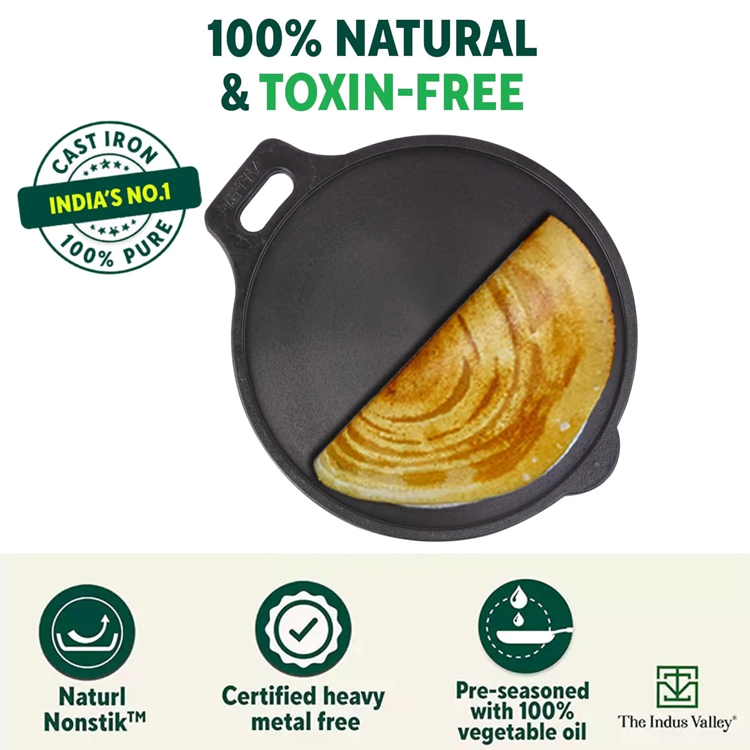 Super Smooth Cast Iron Tawa For Dosa, Chapathi - 27.6cm, 10.8 Inch, 2.4 Kg | Induction Friendly, Naturally Nonstick, Pre-Seasoned Tawa, 100% Pure & Toxin-Free, No Chemical Coating - Image 5