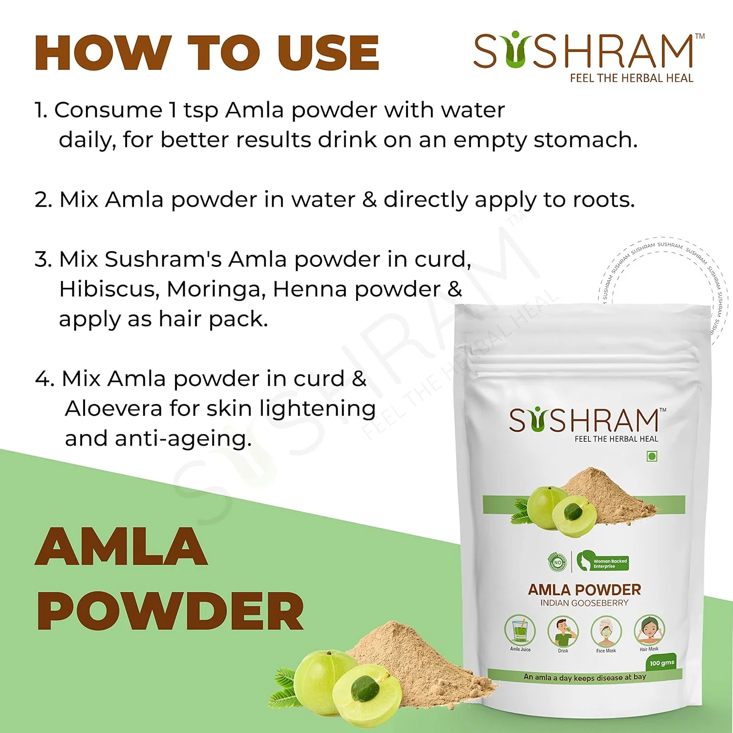 Sushram Amla Powder, Improves Skin And Hair Quality, Improves Digestion & Eye Vision | 100gm 0.2lbs