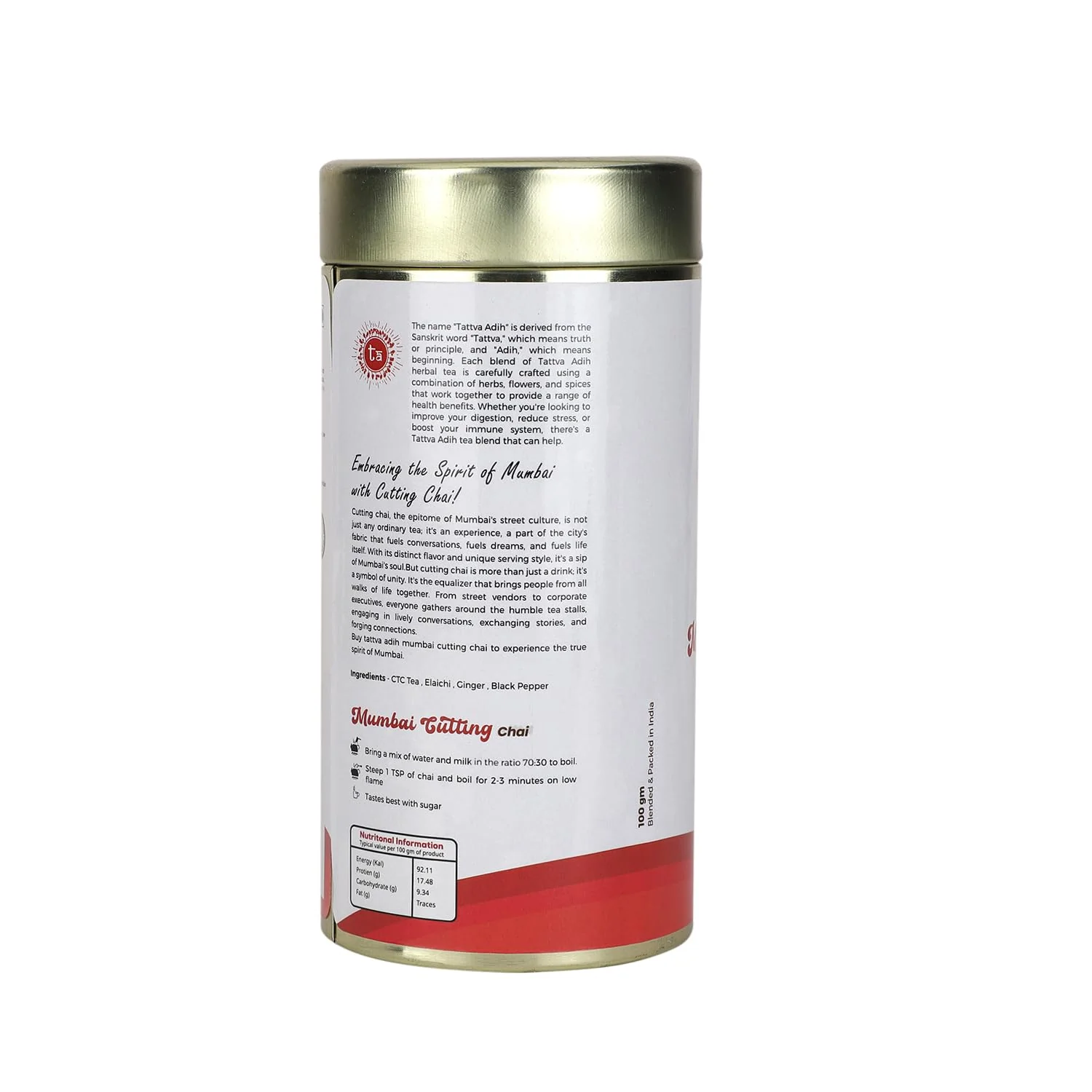 Tattva Adih Mumbai Cutting Chai - 100gm Tin, 3.5 Ounce, 50 Cups | CTC Blended With Elaichi, Ginger, Black Pepper - Premium Blend In Airtight Container - Image 2
