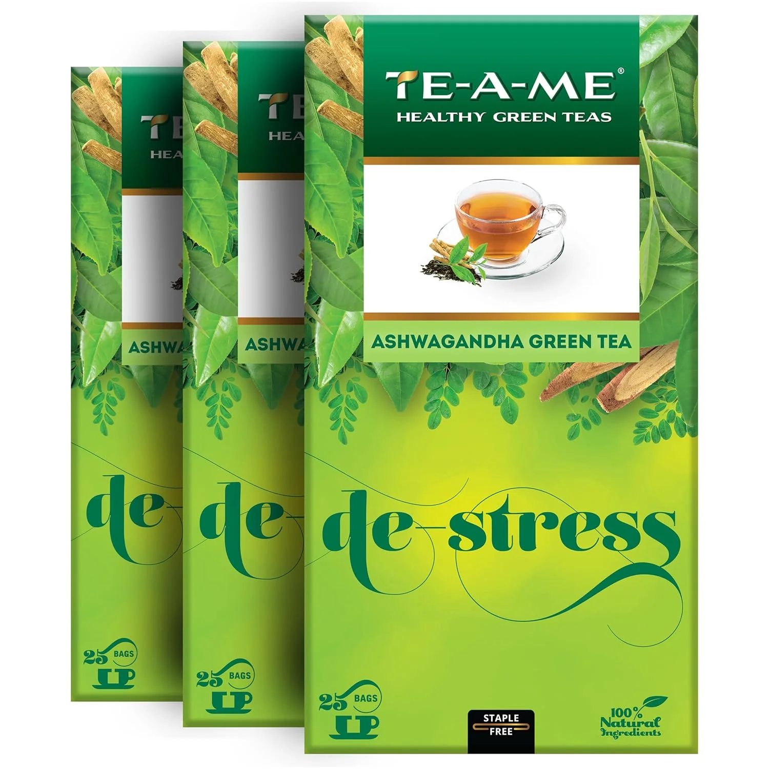 TE-A-ME Ashwagandha De-Stress Green Tea - Pack Of 3 X 25 Tea Bags | Reduces Stress & Anxiety - Goodness Of 10 Natural Ingredients - Image 2