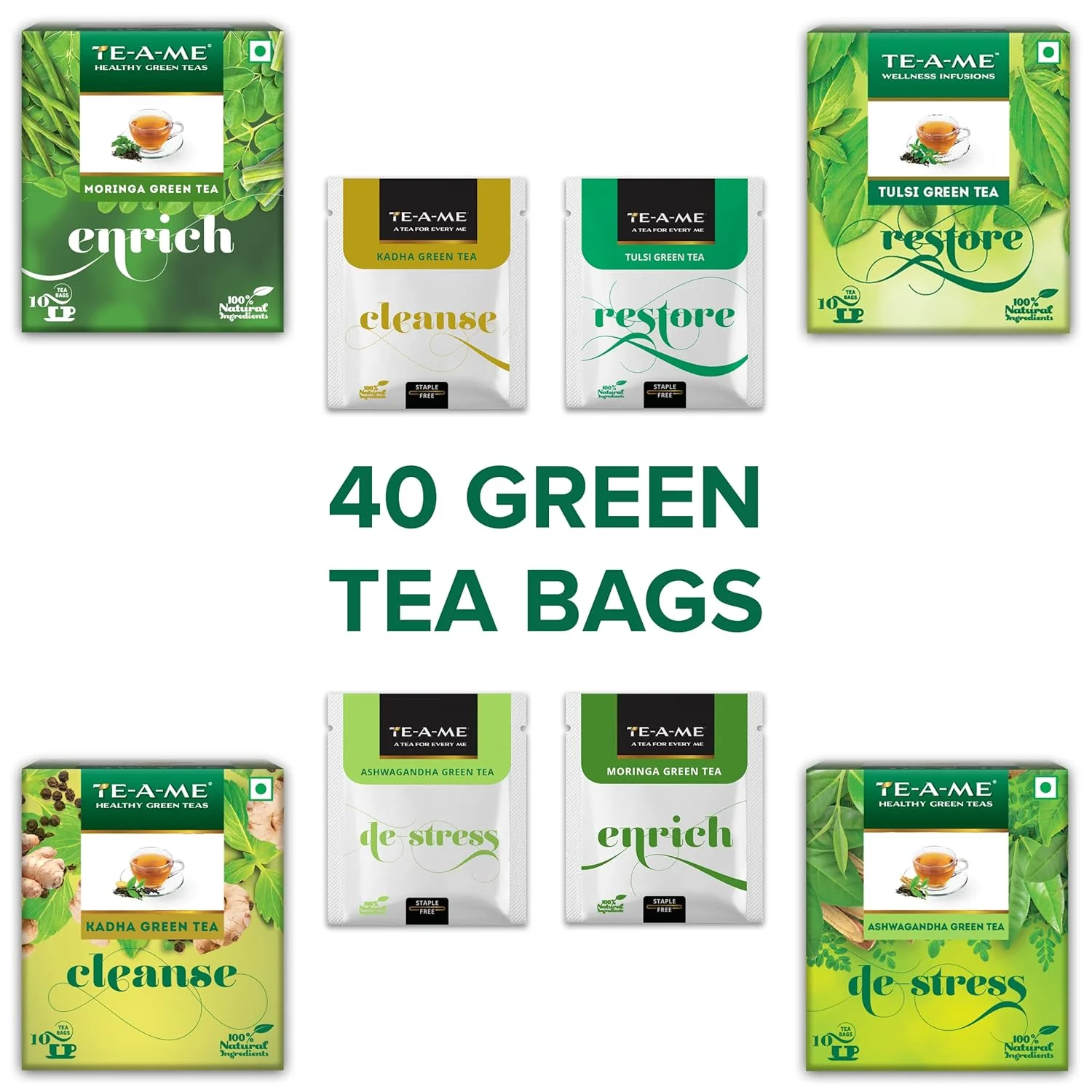 TE-A-ME Green Tea Suraksha Pack - 4 Boxes X 40 Tea Bags | Moringa+ Ashwagandha+ Kadha+ Tulsi Green Tea - Detox Green Tea & Slimming - Image 3