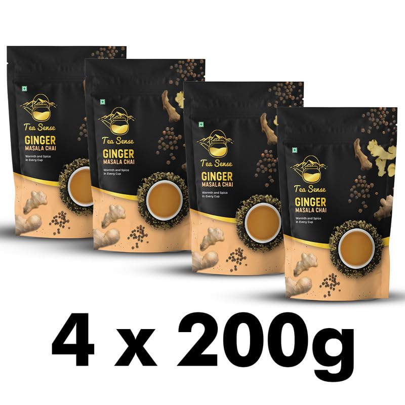 Tea Sense Ginger Masala Chai - Pack Of 4 X 200gm, 7.05 Ounce Each | Assam CTC, Dried Ginger, Black Pepper - Aromatic & Strong Flavor Chai Patti, High Caffeine | Spicy & Healthy Blend - Image 2