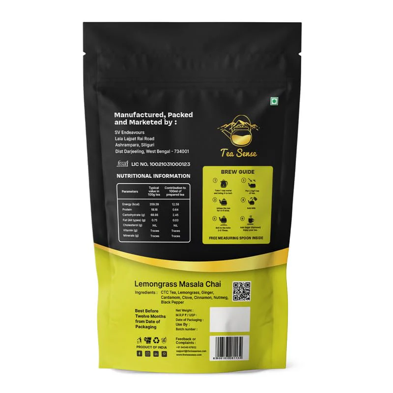 Tea Sense Lemongrass Masala Chai - 200gm, 7.05 Ounce | Assam CTC, Ginger, Cardamom, Clove, Cinnamon, Nutmeg, Black Pepper - Aromatic & Strong Flavor Chai Patti, High Caffeine | Zesty Spicy Blend - Image 3
