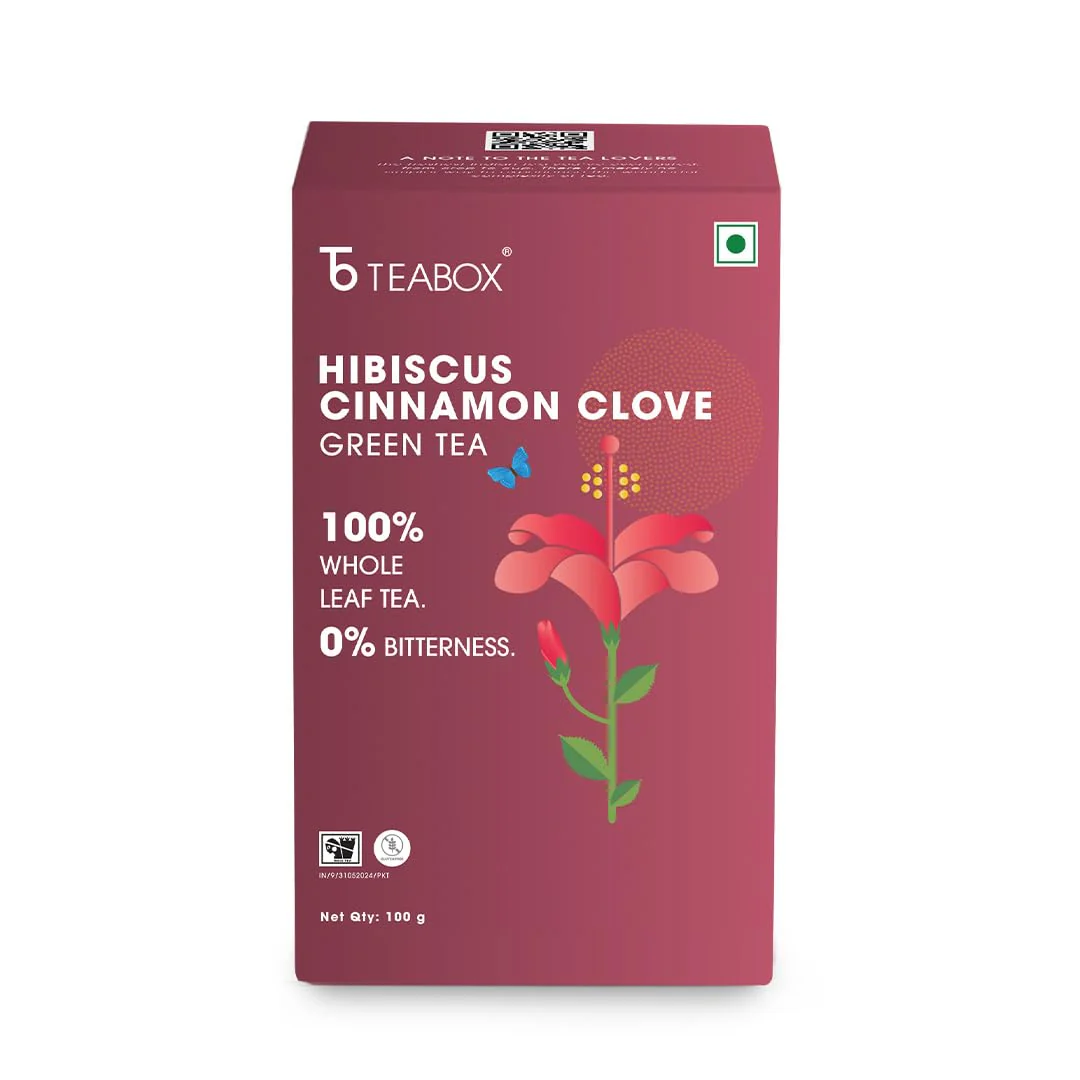 Teabox Hibiscus Cinnamon Clove Green Tea - 100gm, 3.5 Ounce | Natural Hibiscus, Cinnamon & Clove - Antioxidant Rich, Improves Immunity | Low Caffeine, 0% Bitterness - Image 2