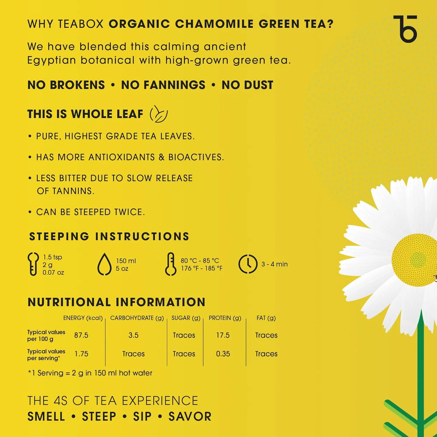 Teabox Premium Chamomile Green Tea - 100gm, 3.5 Ounce | 100% Whole Leaf Green Tea From The Himalayas - Low Caffeine, 0% Bitterness - Image 5
