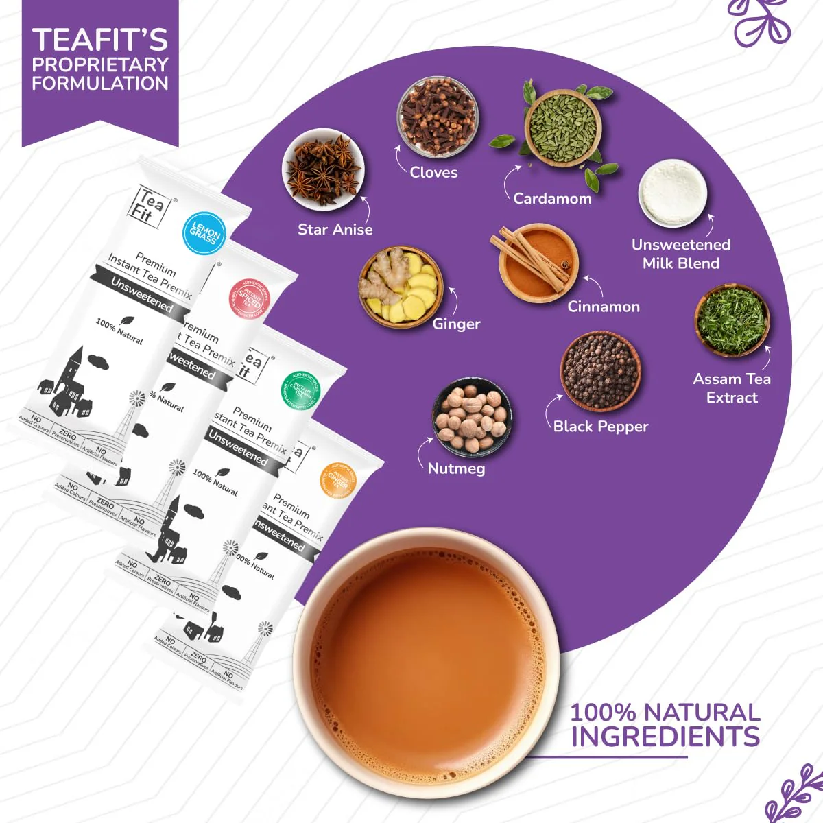 Teafit Premium Milk Tea Premix Assorted Tea - Pack Of 50 Sachets + Spoon | Made With Ginger Cardamom Masala Saffron Lemongrass - Just Add Water | No Sweeteners, Gluten Free - Image 2