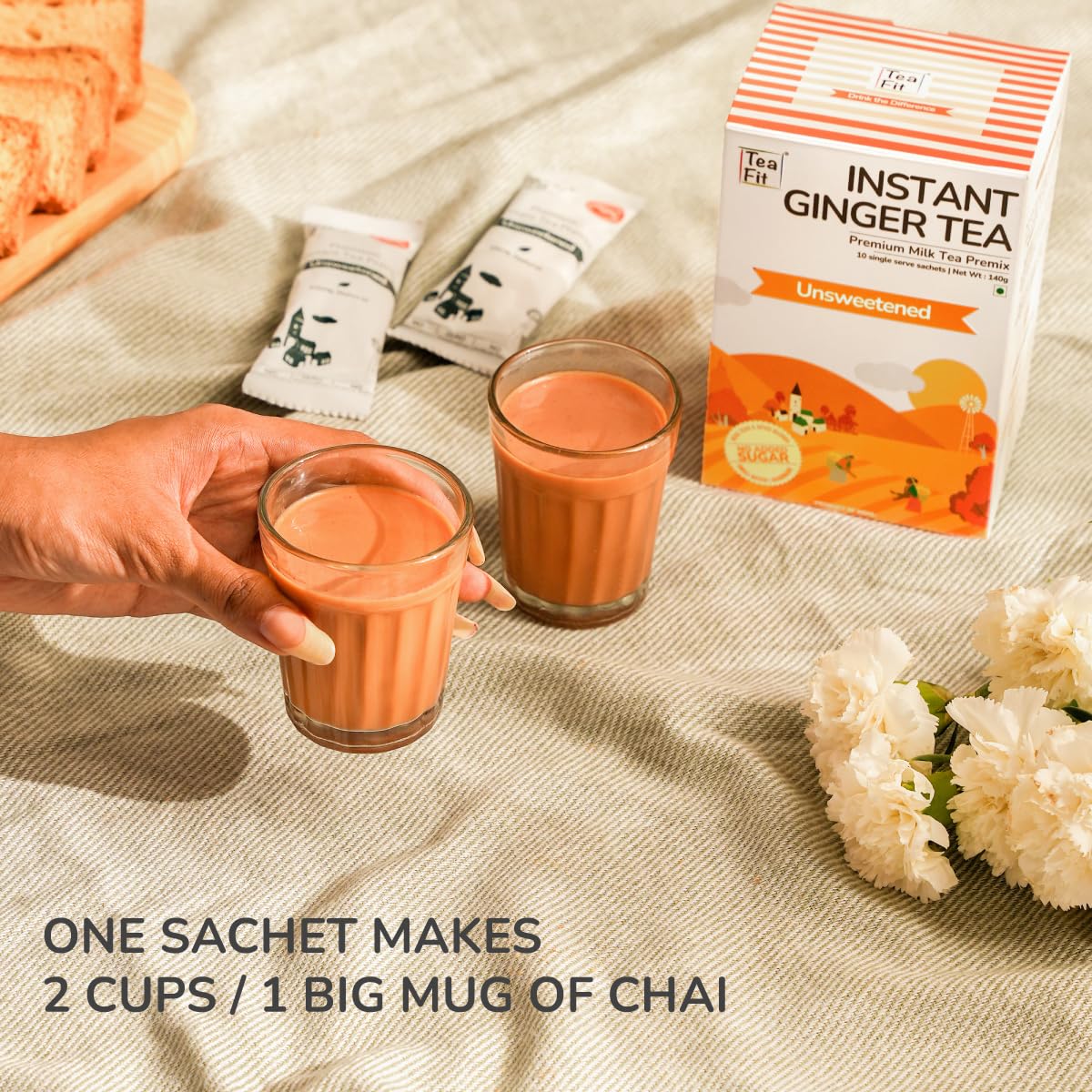 Teafit Unsweetened Instant Ginger Tea Premix - Pack Of 50 Sachets, 700gm, 24.6 Ounce | Premium Milk Tea Premix, Just Add Water - Strong Home Like Adrak Kadak Chai | Medium Caffeine - Image 3