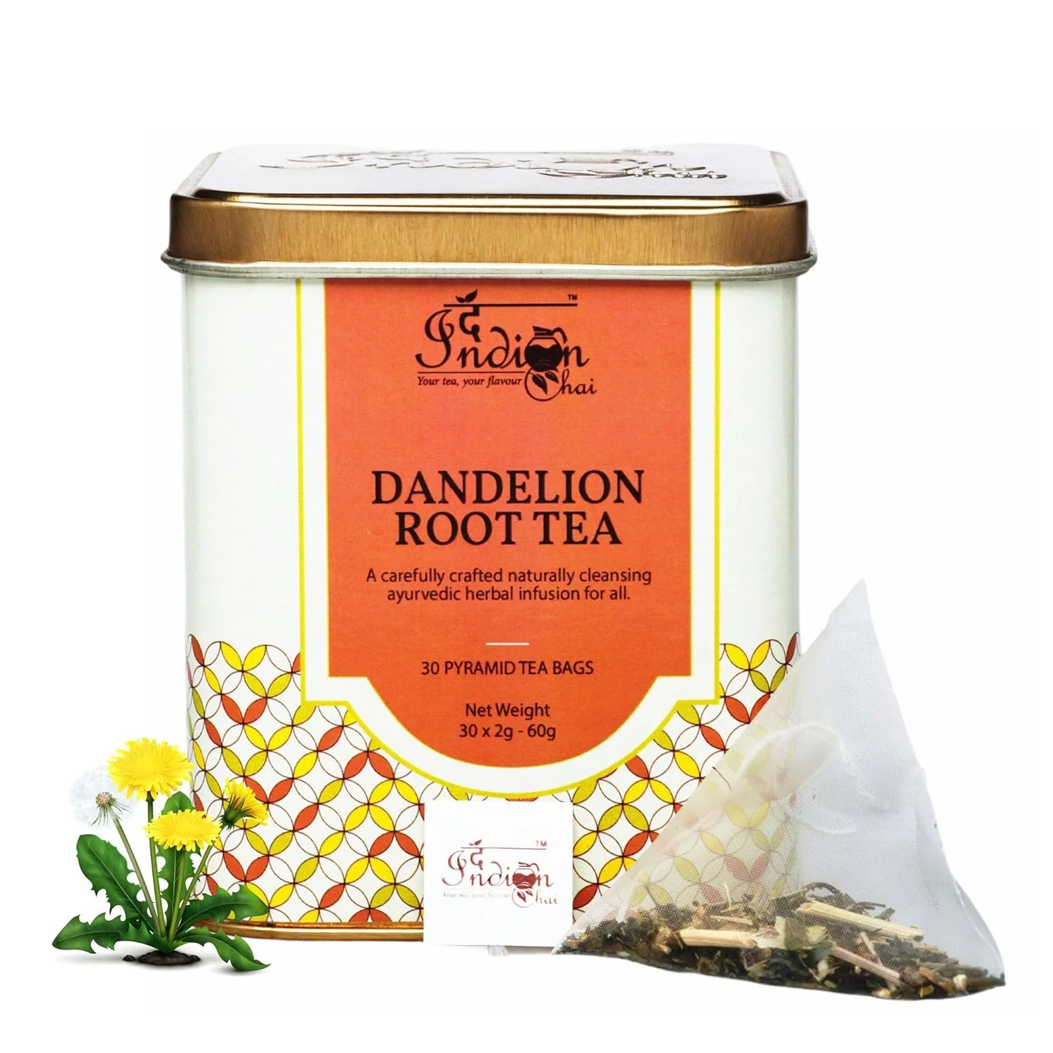 The Indian Chai Dandelion Root Tea - 30 Pyramid Tea Bags | Improves Kidney Function & Digestive Health - Caffeine Free, Gluten Free