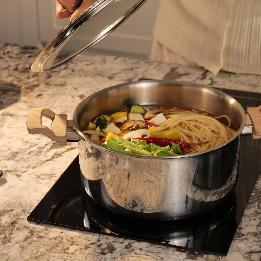 Timber Stainless Steel Triply Pot With Glass Lid 20cm, 3 Liters | Bhagona For Biryani, Pulao, Halwa, Curries - Wood Finished Handle | Induction & Gas Base - Image 6
